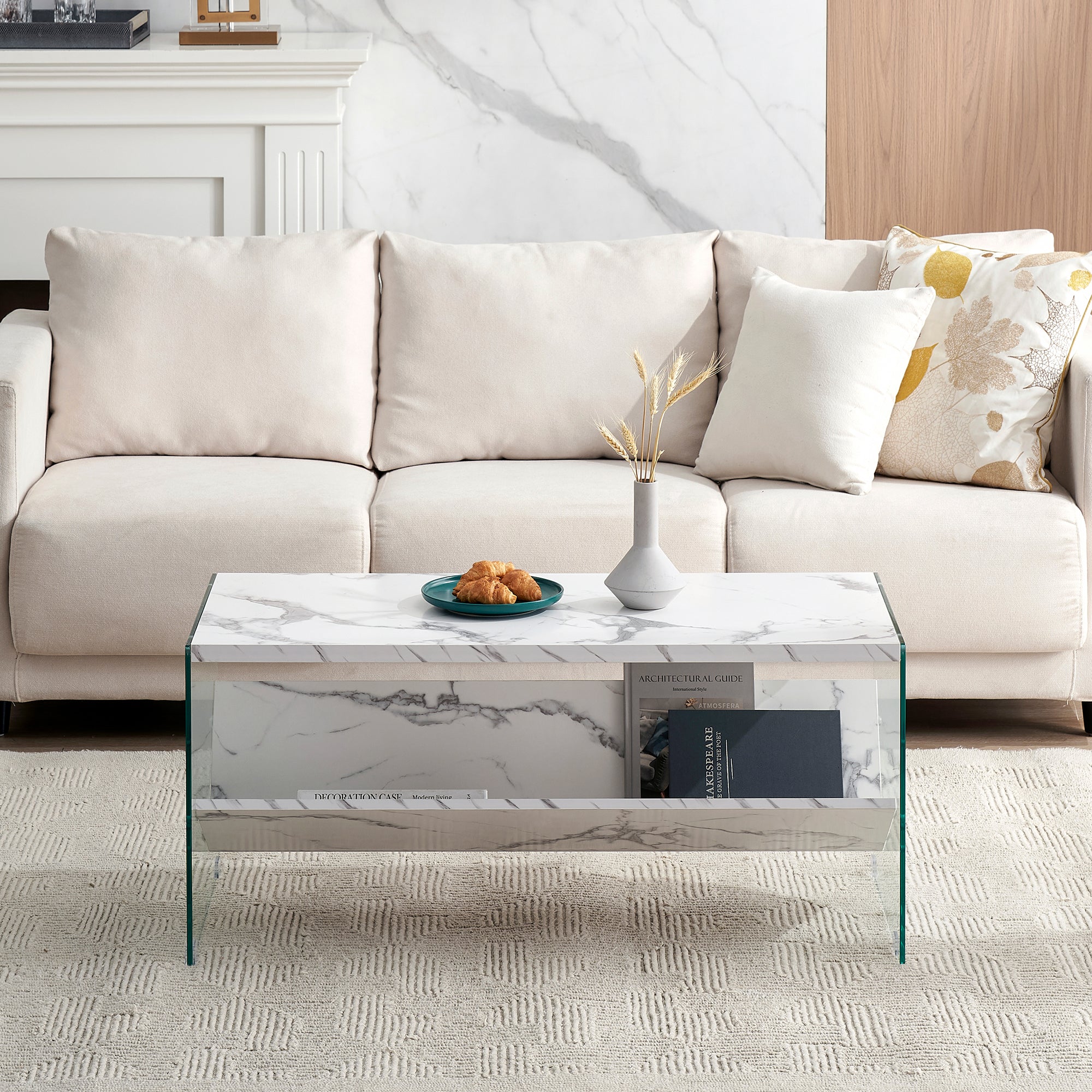 Ivinta Modern Glass Coffee Table，Small Cocktail Table with Storage Shelf