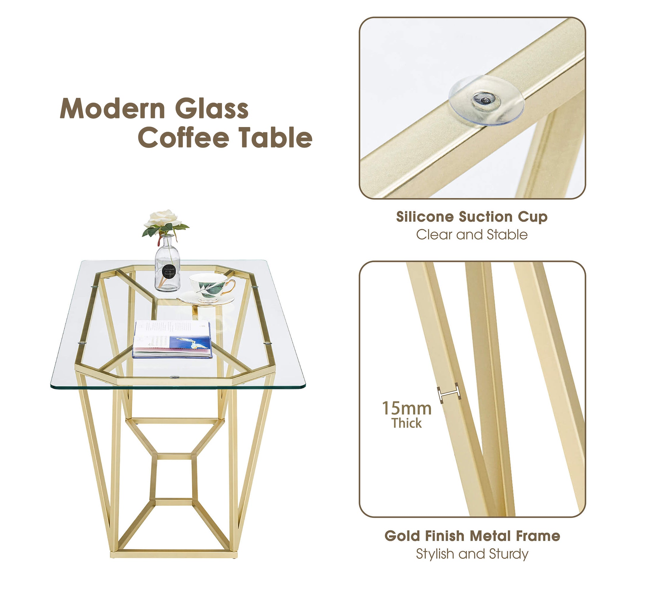 Ivinta Rectangle Glass Gold Coffee Table for Living Room,  Modern Cocktail Table