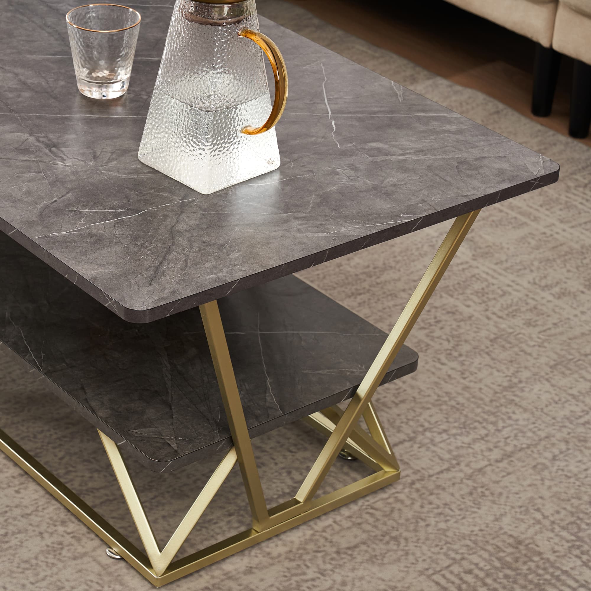 Ivinta Marble Gold Coffee Table, Farmhouse Modern Central TV Table, Cocktail Table