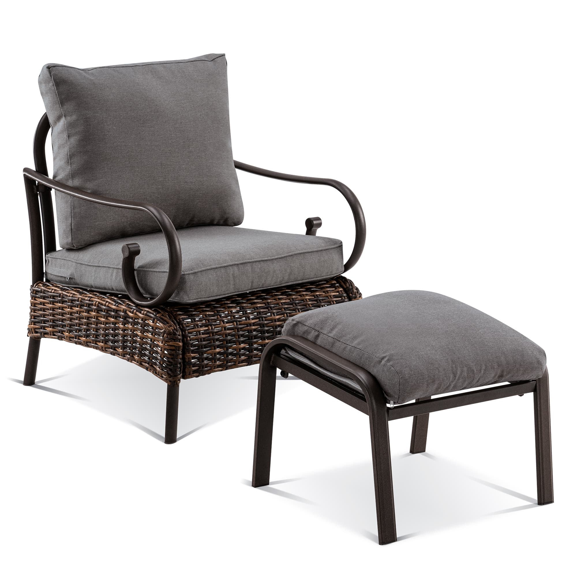 ivinta Outdoor Chair with Ottoman, Patio Wicker Chair with Fabric Cushions, 2 Piece PE Rattan Chair for Garden