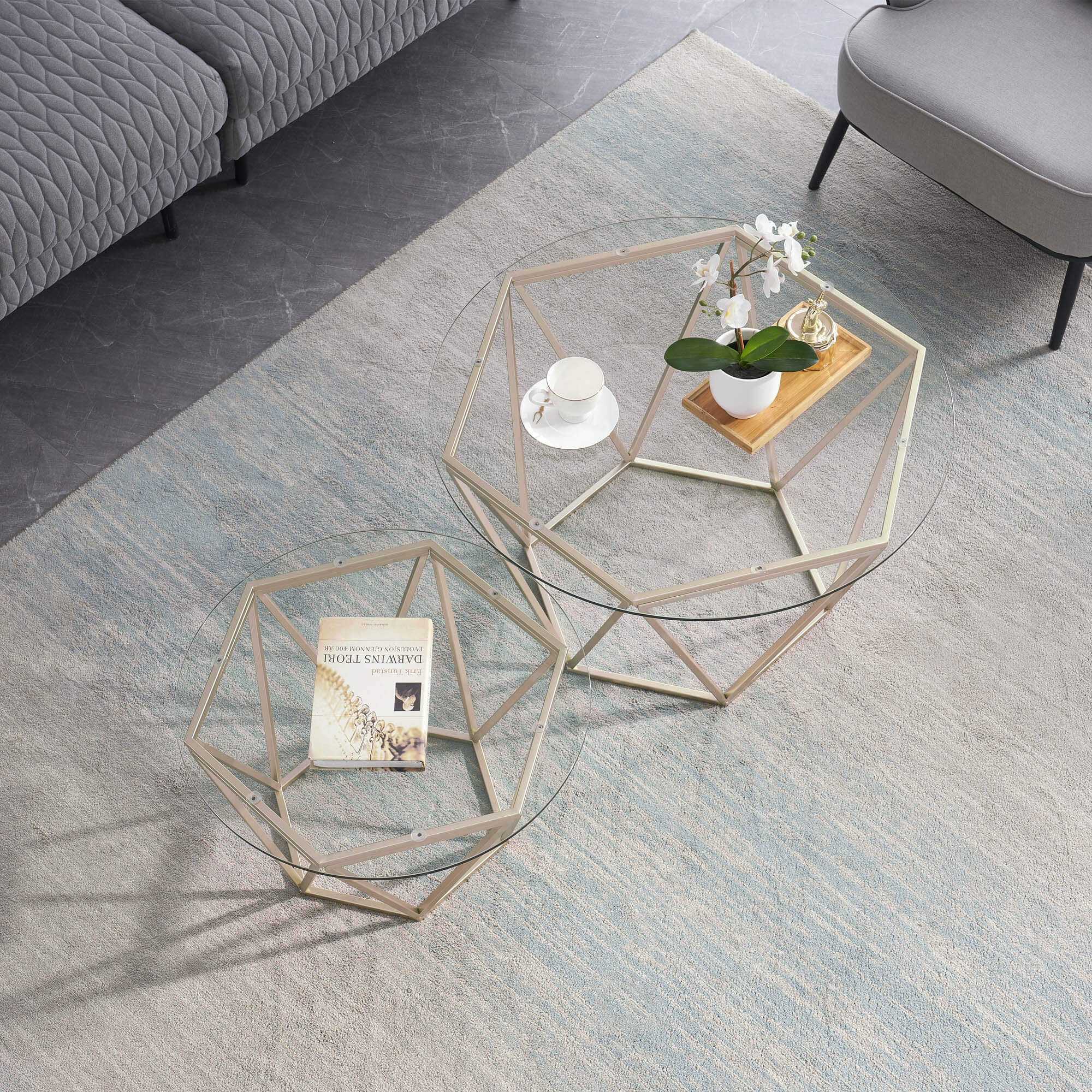 Ivinta Round Nesting Table Set, Modern Tempered Glass Coffee Tables for Living Room