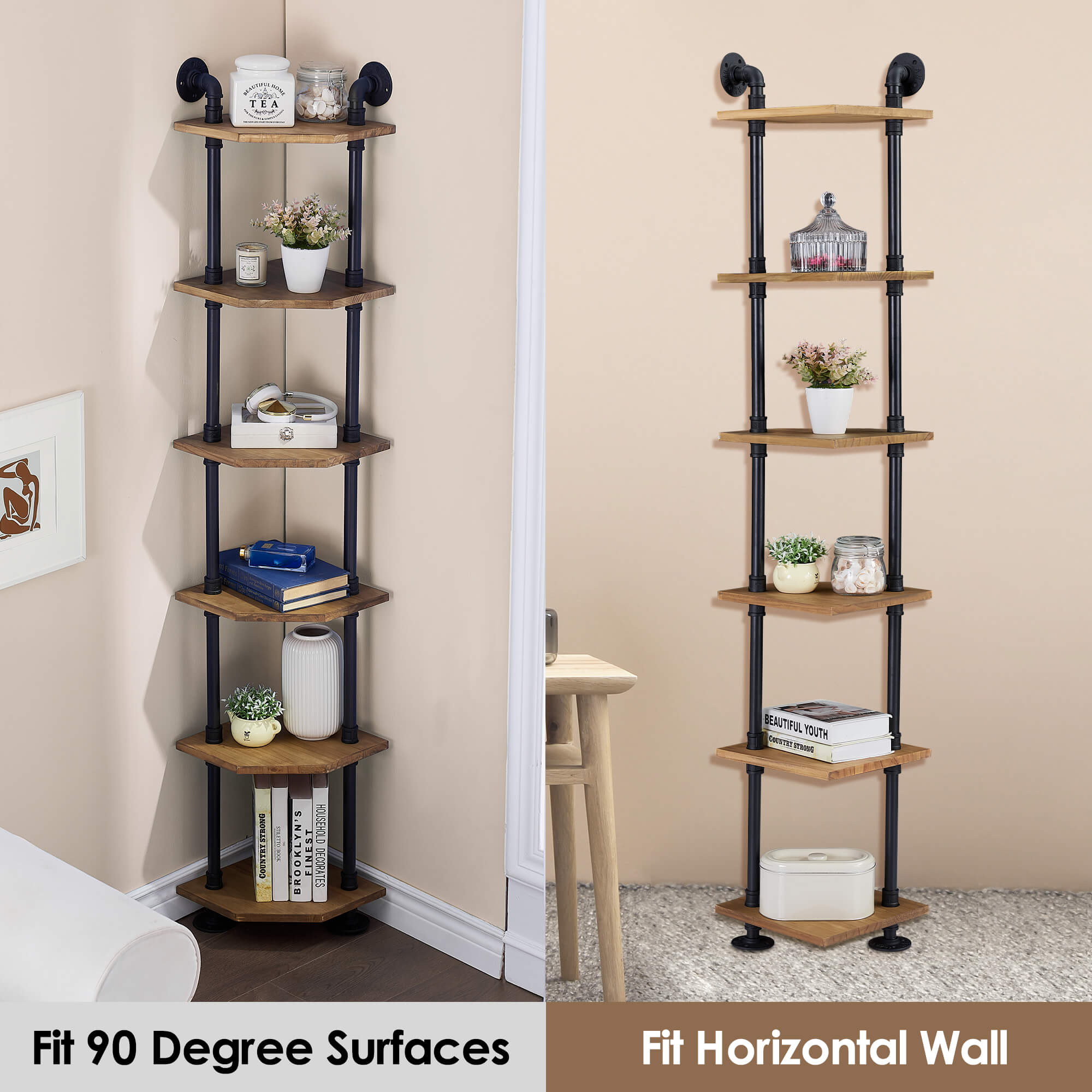 Ivinta Corner Shelves Bookcase Industrial Style, Wall Mount Pipe Shelves - Ivinta