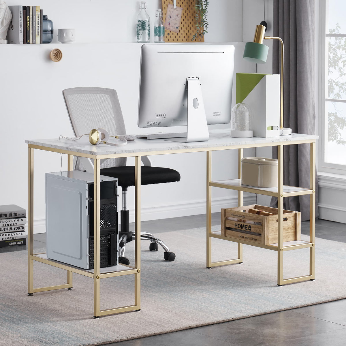 ivinta Computer Desk with Shelves, Office Desk for Living Room,Small Desk  with Storage Space, Home Office Desks, Vanity Desk with Gold Legs PC Laptop