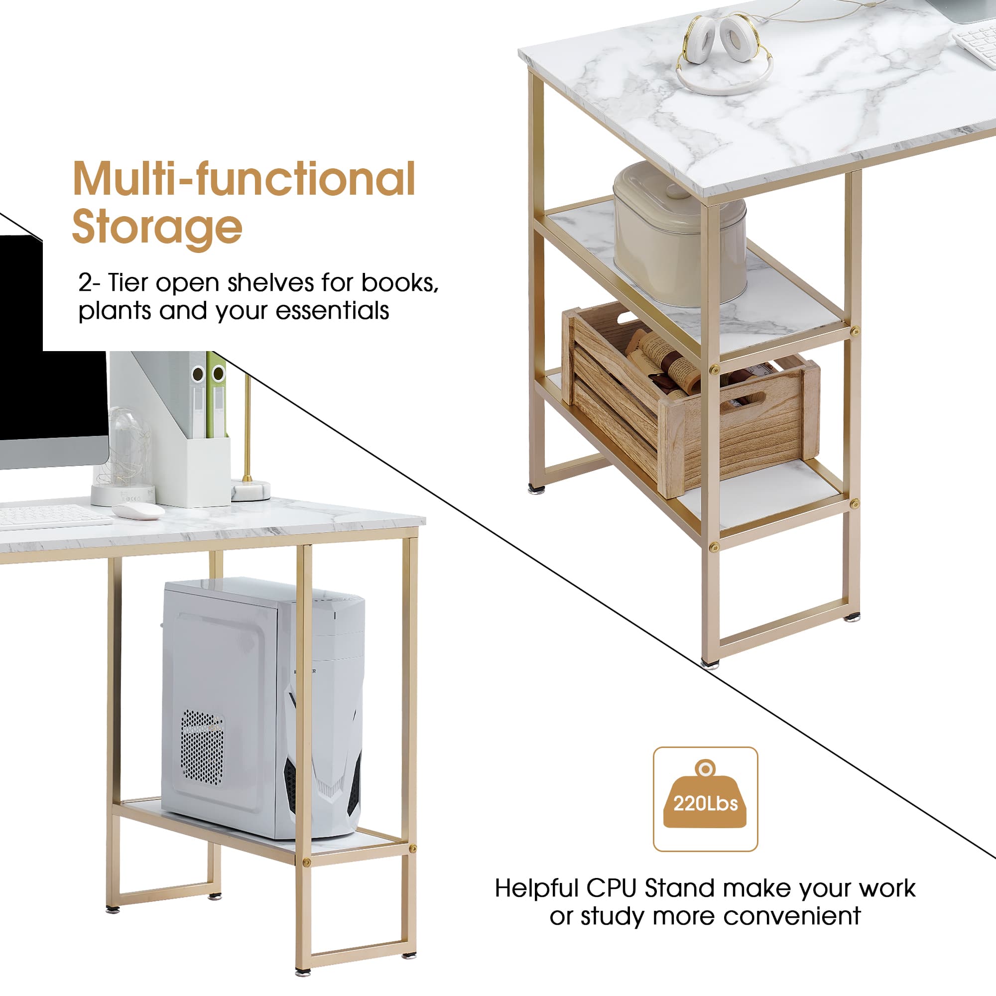 Ivinta Computer Desk with Shelves White Desk Office Desk with CPU Stand Vanity Desk