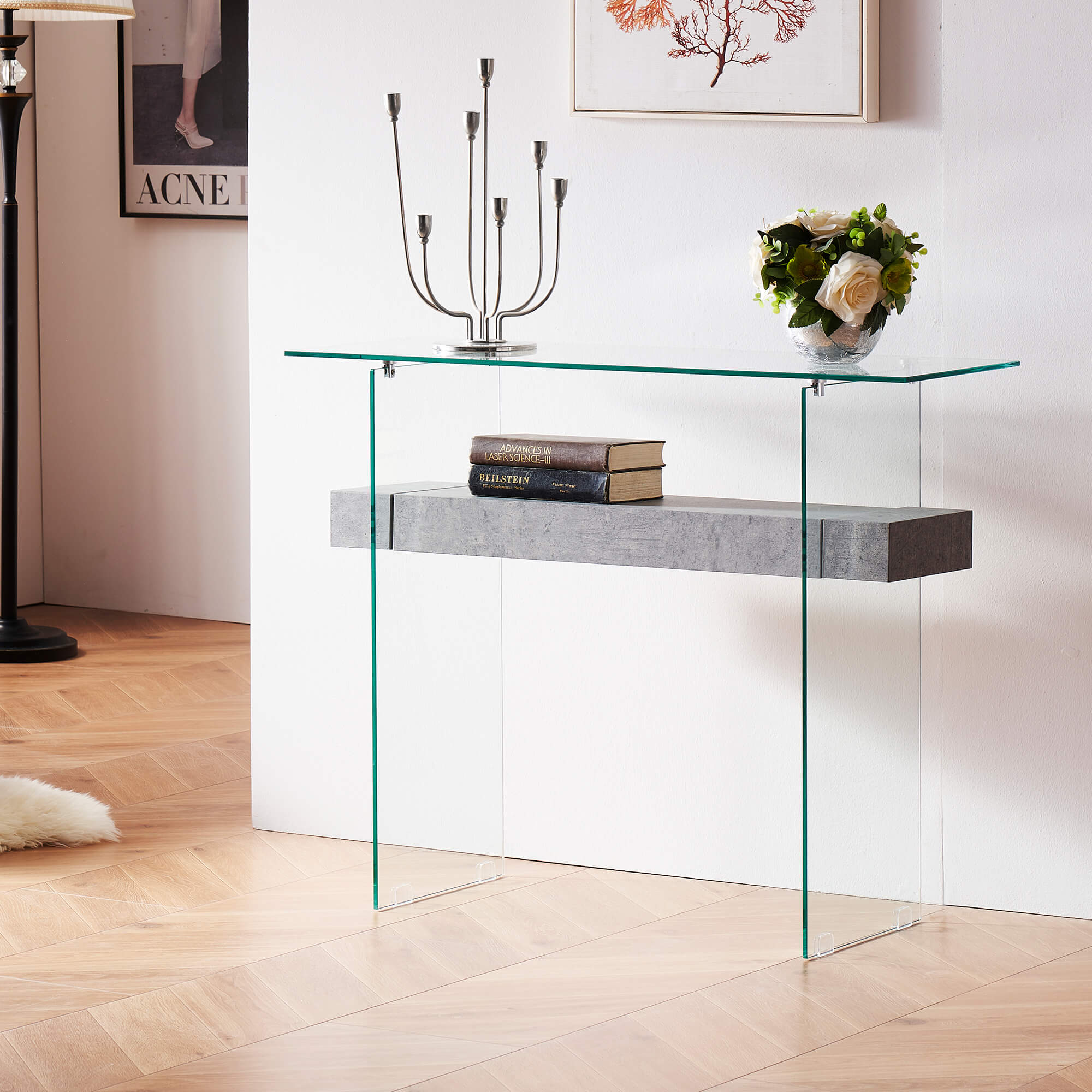 Ivinta Narrow Glass Console Table with Storage Modern Sofa Table Entryway Table Glass Writing Desk