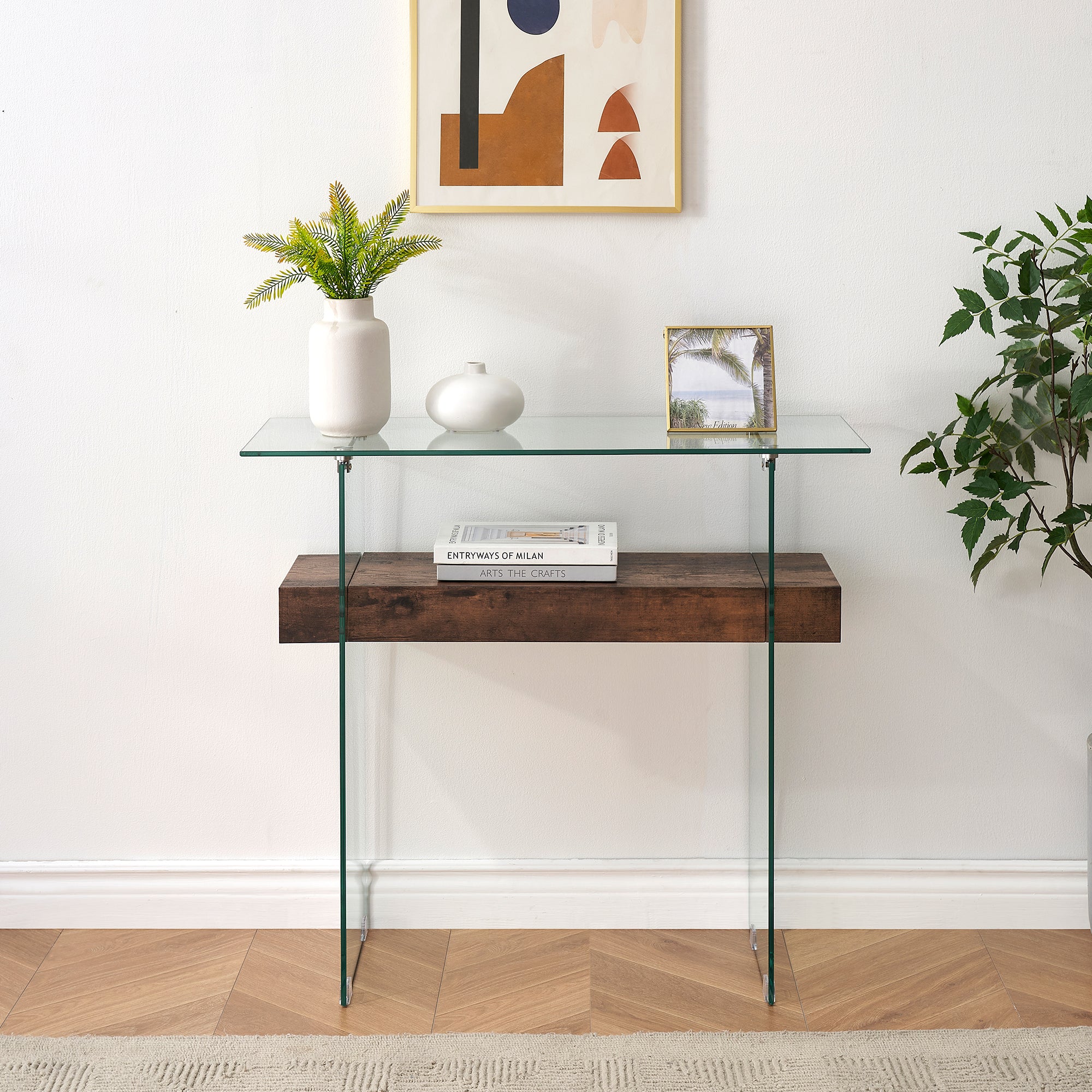 ivinta Narrow Glass Console Table with Storage, 31.5'' Modern Sofa Table for Small Space, Small Entryway Table with Natural Wood Shelves for Living Room, Hallway