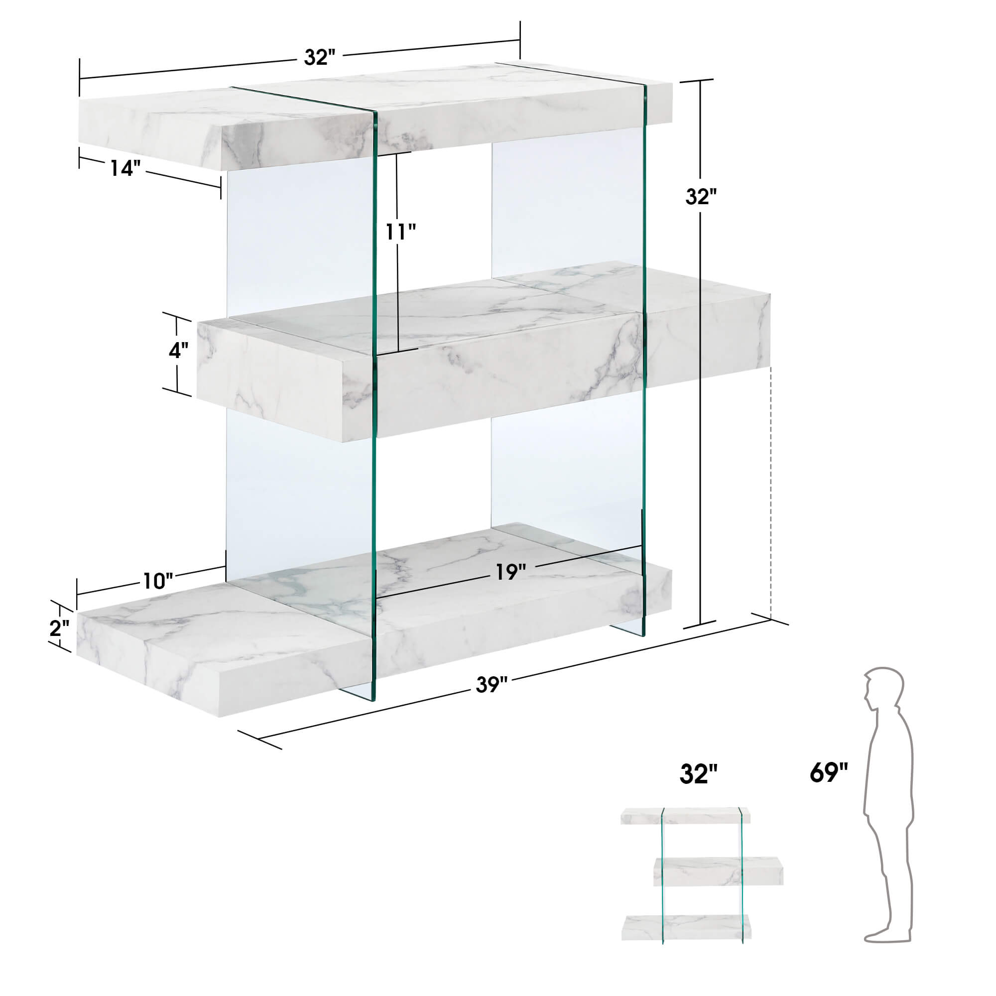 ivinta Glass Console Table with Storage Shelves, 3-Tier Modern Narrow Entryway Table with Drawer for Living Room, Hallway, Foyer and Entrance