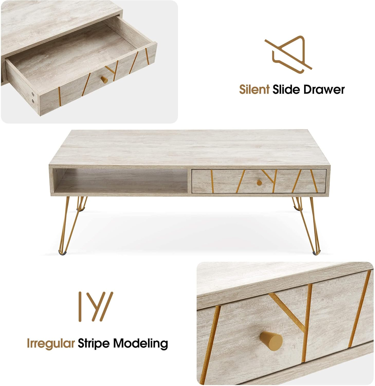 ivinta Coffee Table with Storage, Mid-Century Modern Wood Tea Table with Metal Legs, Industrial Low TV Stand with Drawers