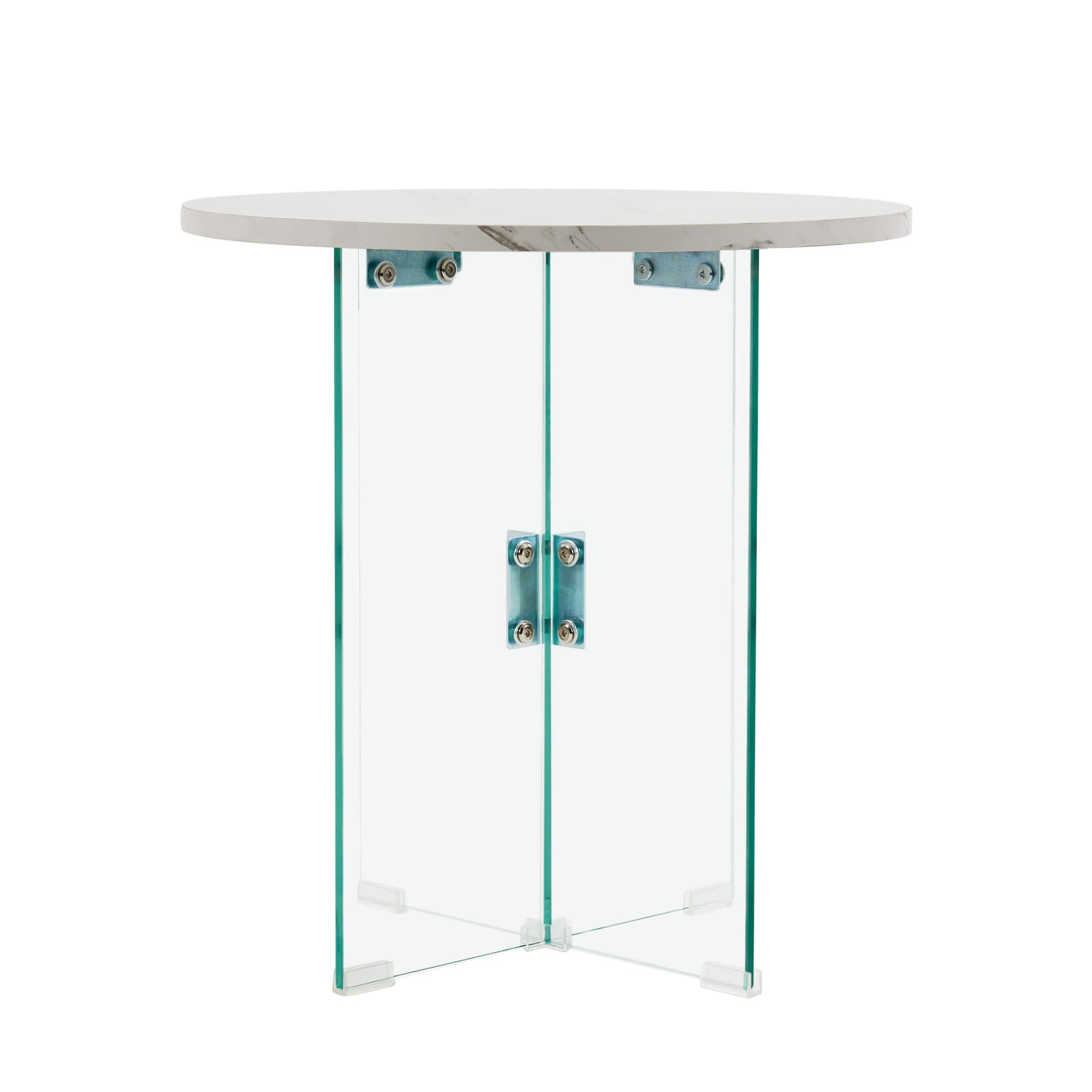 ivinta Modern End Table, Round Side Table with X Shaped Structure Legs, Marble Finish Small Accent Table, 8mm Tempered Glass Clear Corner Table for Living Room, Balcony, Bedroom, Porch, Small Space