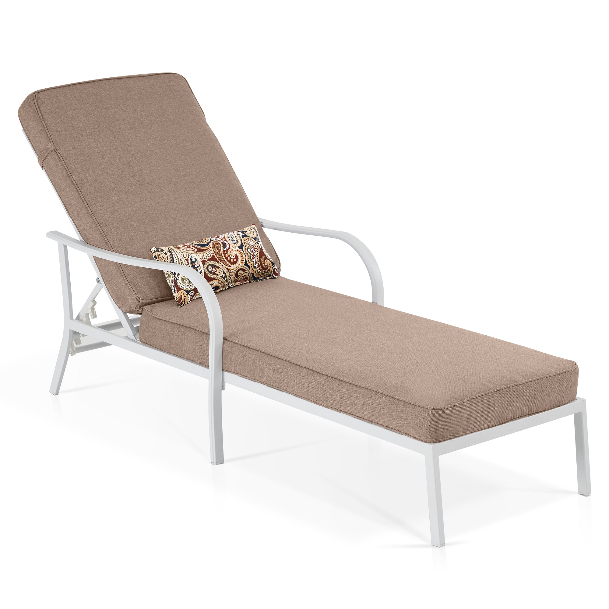 Outdoor Chaise Lounge Chair with Thick Cushion, Adjustable Backrest Reclining Outdoor Chaise Lounge with Lumbar Pillow for Poolside Patio