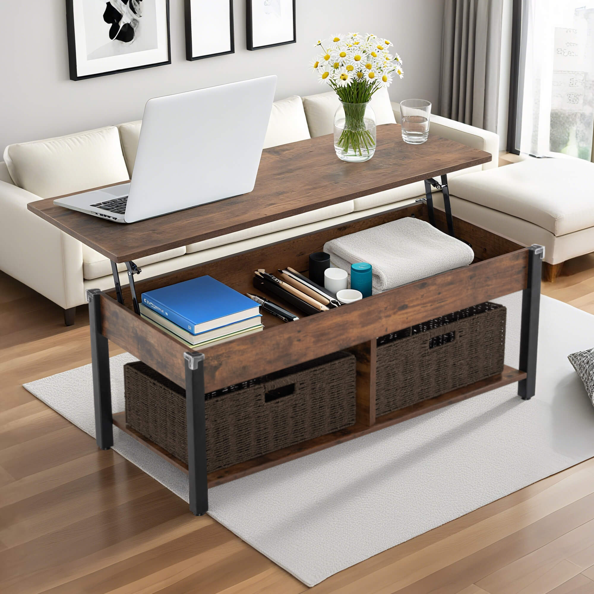 ivinta Lift Top Coffee Table with Storage, 41.3" Modern Recangular Center Table with 4 Wheels and 2 Rattan Folding Baskets, Rising Tabletop with Hidden Compartment for Living Room, 2177