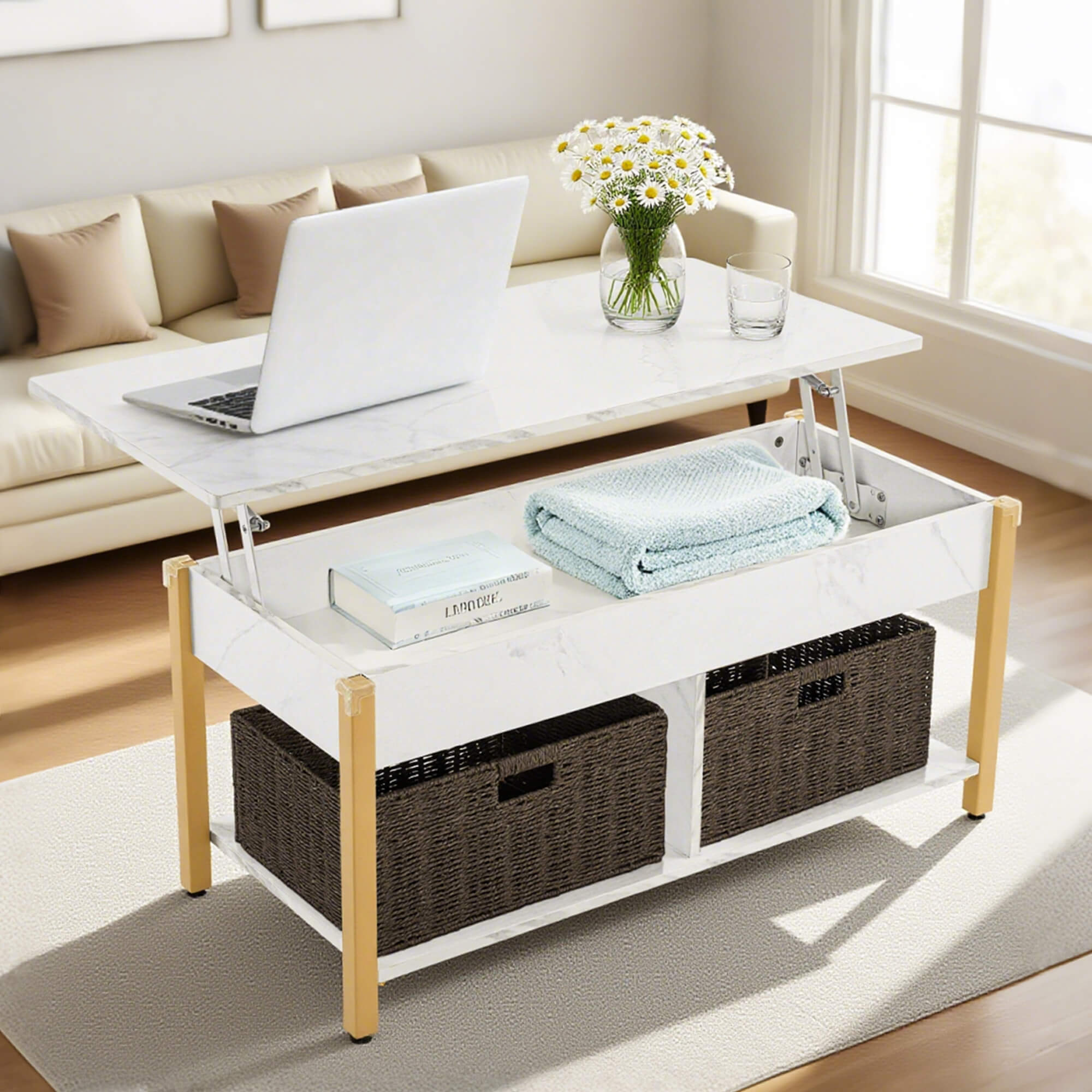 ivinta Lift Top Coffee Table with Storage, 41.3" Modern Recangular Center Table with 4 Wheels and 2 Rattan Folding Baskets, Rising Tabletop with Hidden Compartment for Living Room, 2177