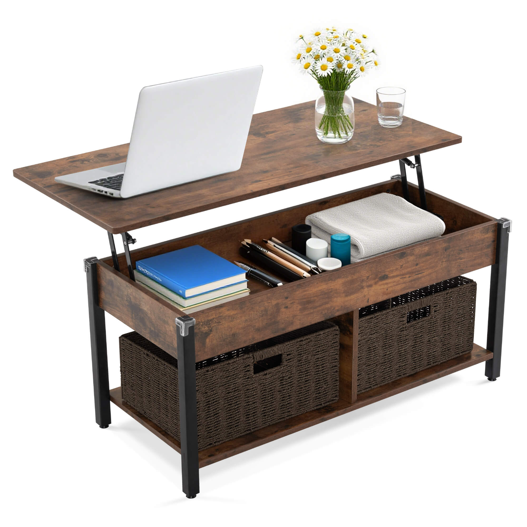 ivinta Lift Top Coffee Table with Storage, 41.3" Modern Recangular Center Table with 4 Wheels and 2 Rattan Folding Baskets, Rising Tabletop with Hidden Compartment for Living Room, 2177