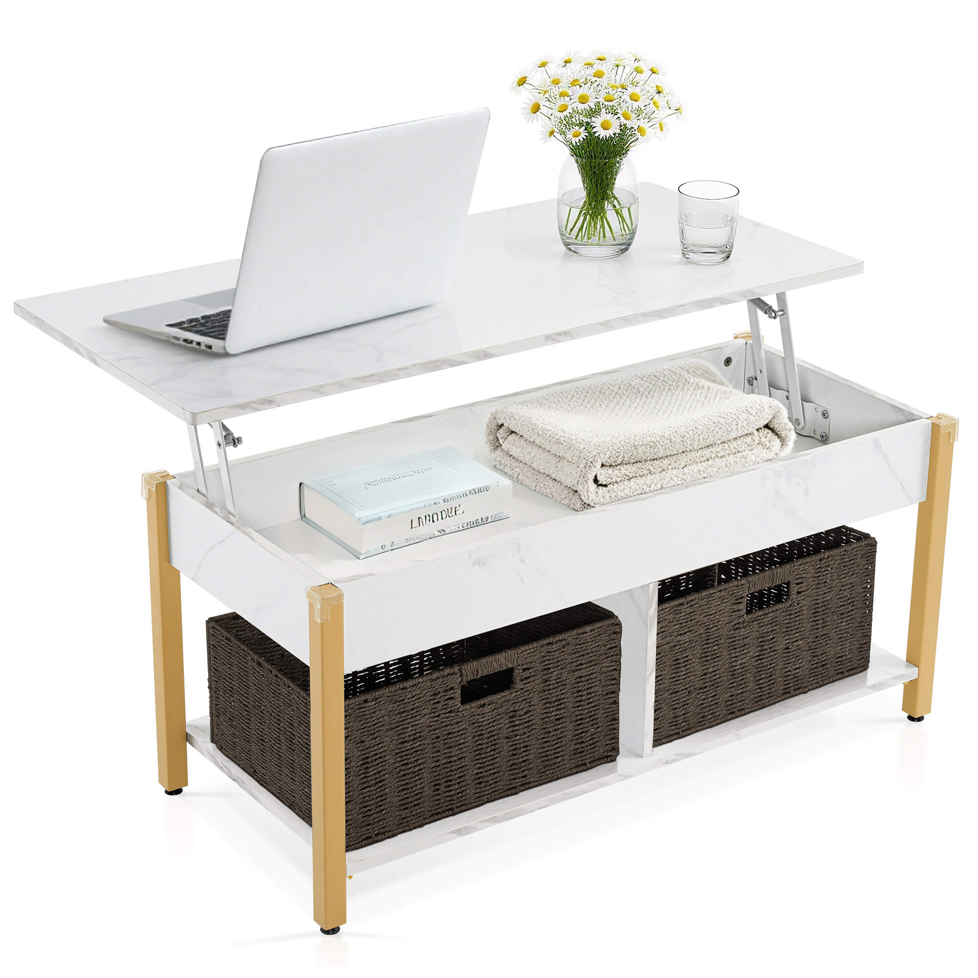 ivinta Lift Top Coffee Table with Storage, 41.3" Modern Recangular Center Table with 4 Wheels and 2 Rattan Folding Baskets, Rising Tabletop with Hidden Compartment for Living Room, 2177