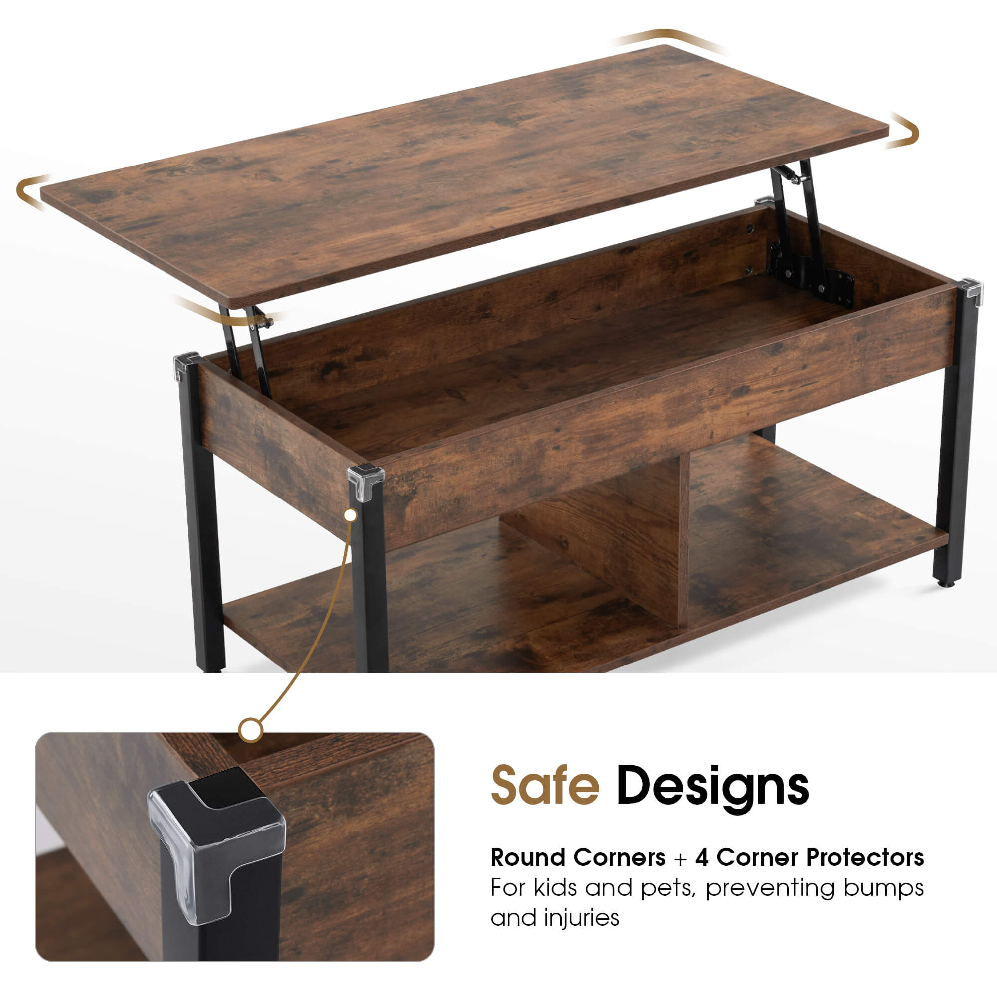 ivinta Lift Top Coffee Table with Storage, 41.3" Modern Recangular Center Table with 4 Wheels and 2 Rattan Folding Baskets, Rising Tabletop with Hidden Compartment for Living Room, 2177