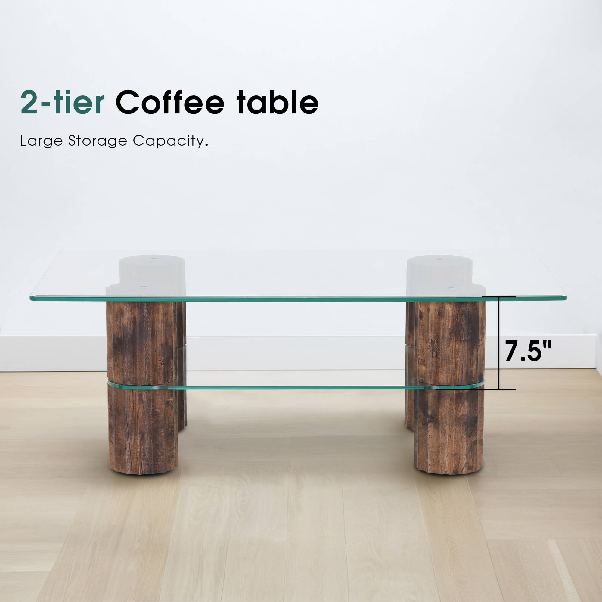 ivinta Glass Coffee Table with Storage Shelf, Small Modern Rectangular Center Table for Living Room, Wooden Legs, Easy Assembly, 44W×24D