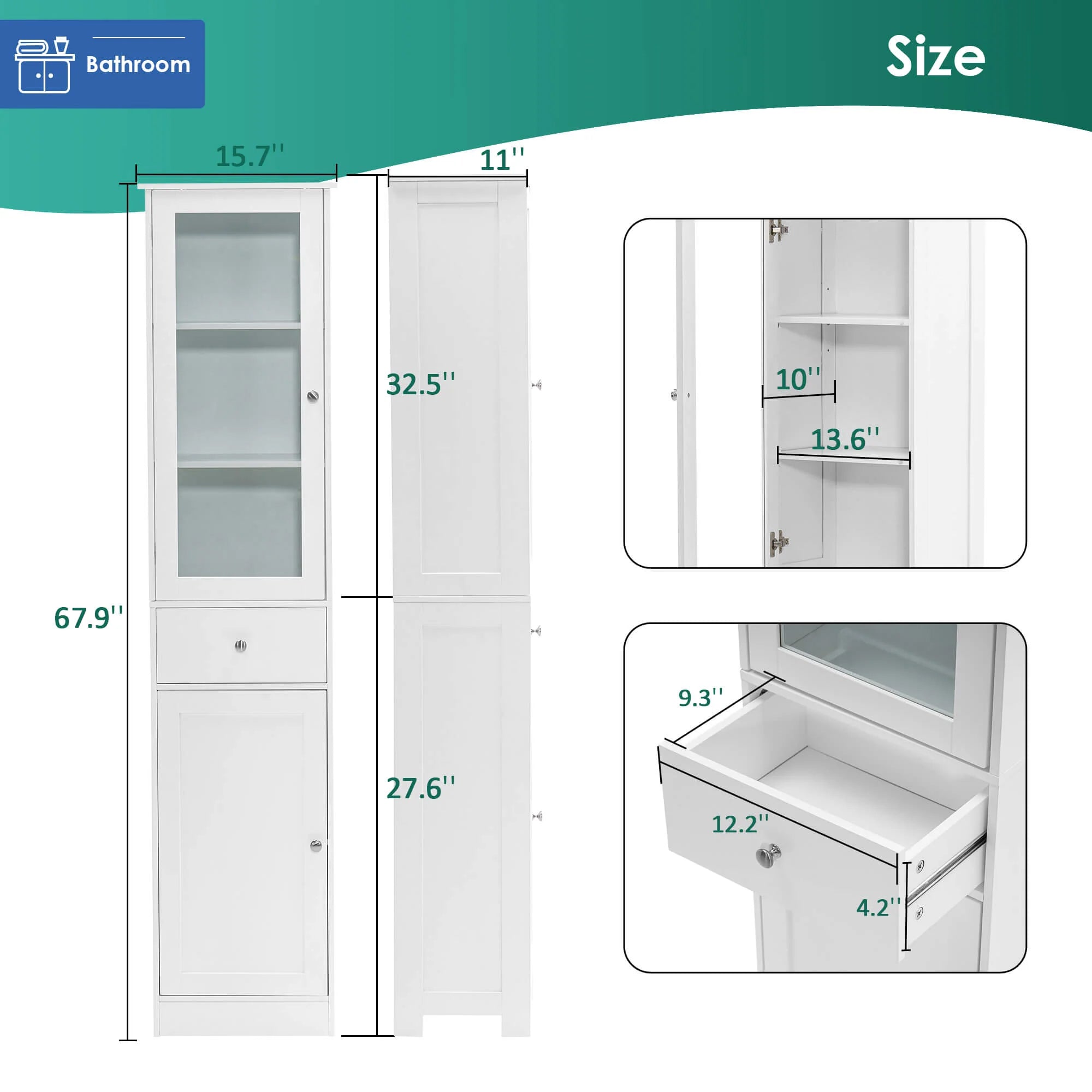 Ivinta Bathroom Storage Cabinet, Floor Standing Organizer Cabinet, Slim Bathroom Tower Cabinet