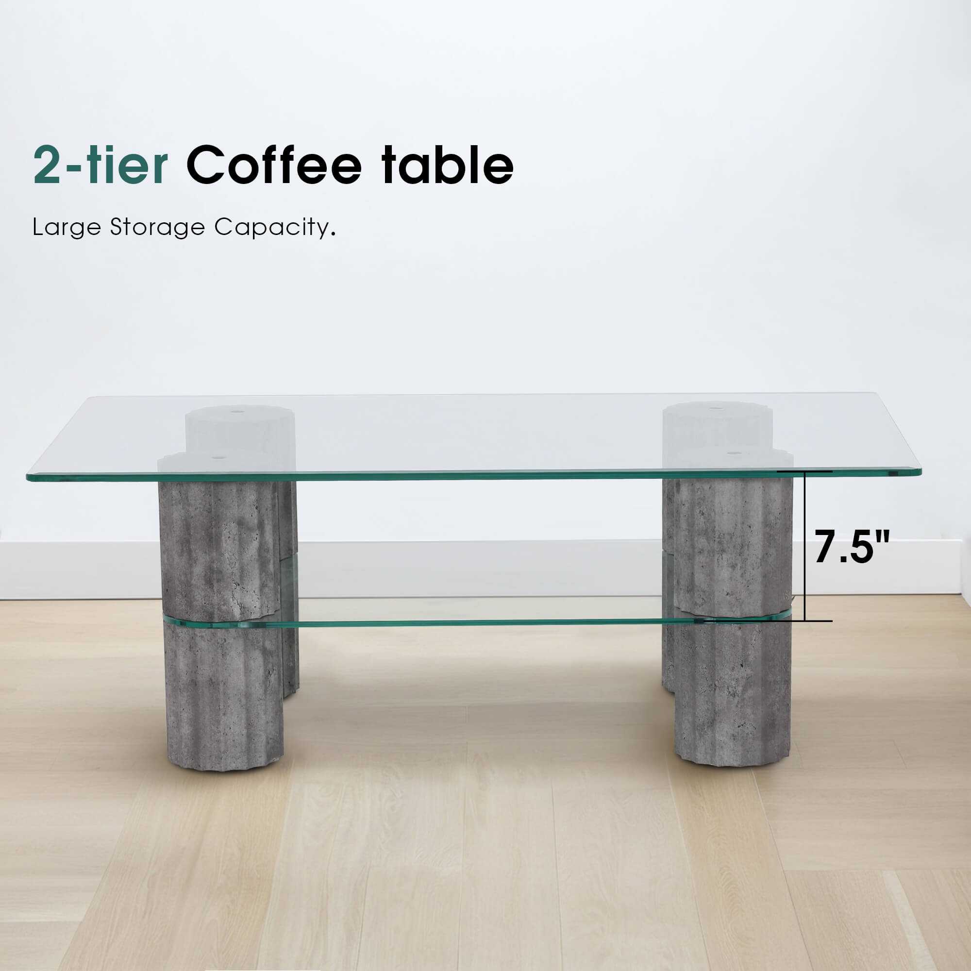 ivinta Glass Coffee Table with Storage Shelf, Small Modern Rectangular Center Table for Living Room, Wooden Legs, Easy Assembly, 44W×24D