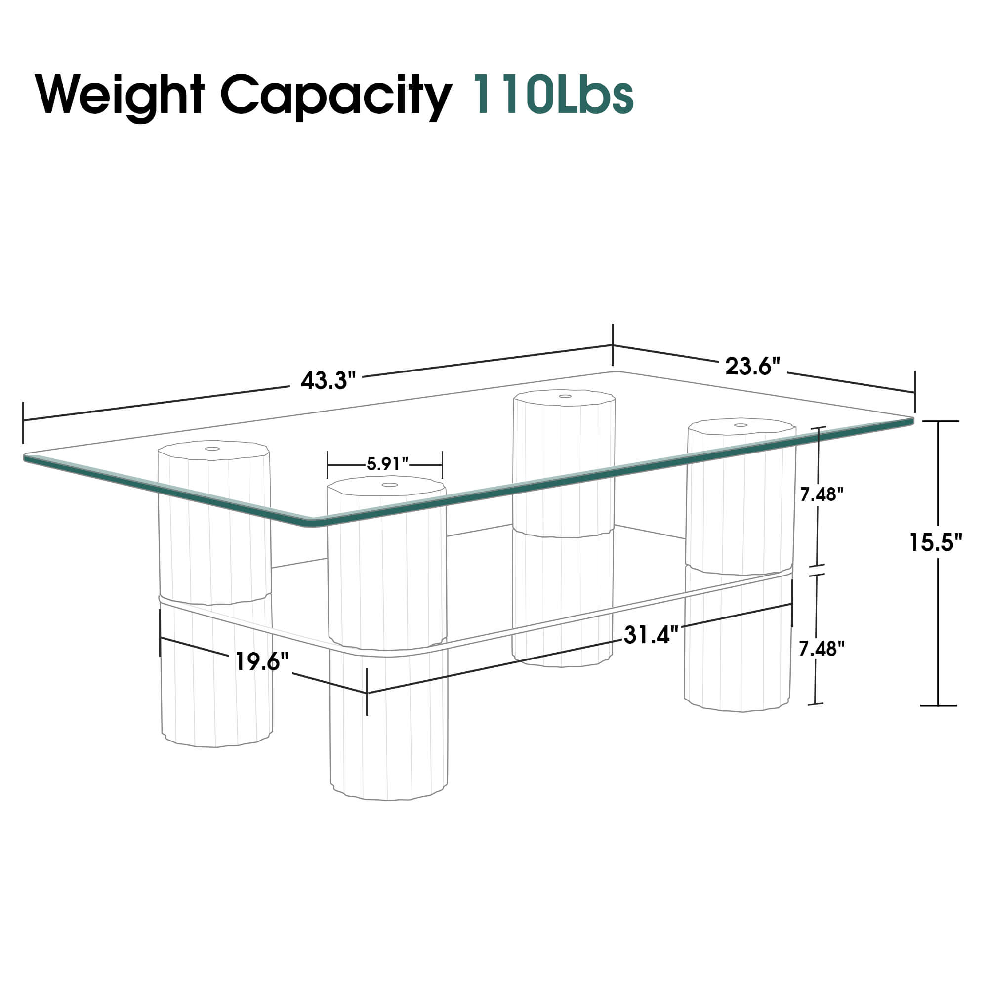 ivinta Glass Coffee Table with Storage Shelf, Small Modern Rectangular Center Table for Living Room, Wooden Legs, Easy Assembly, 44W×24D