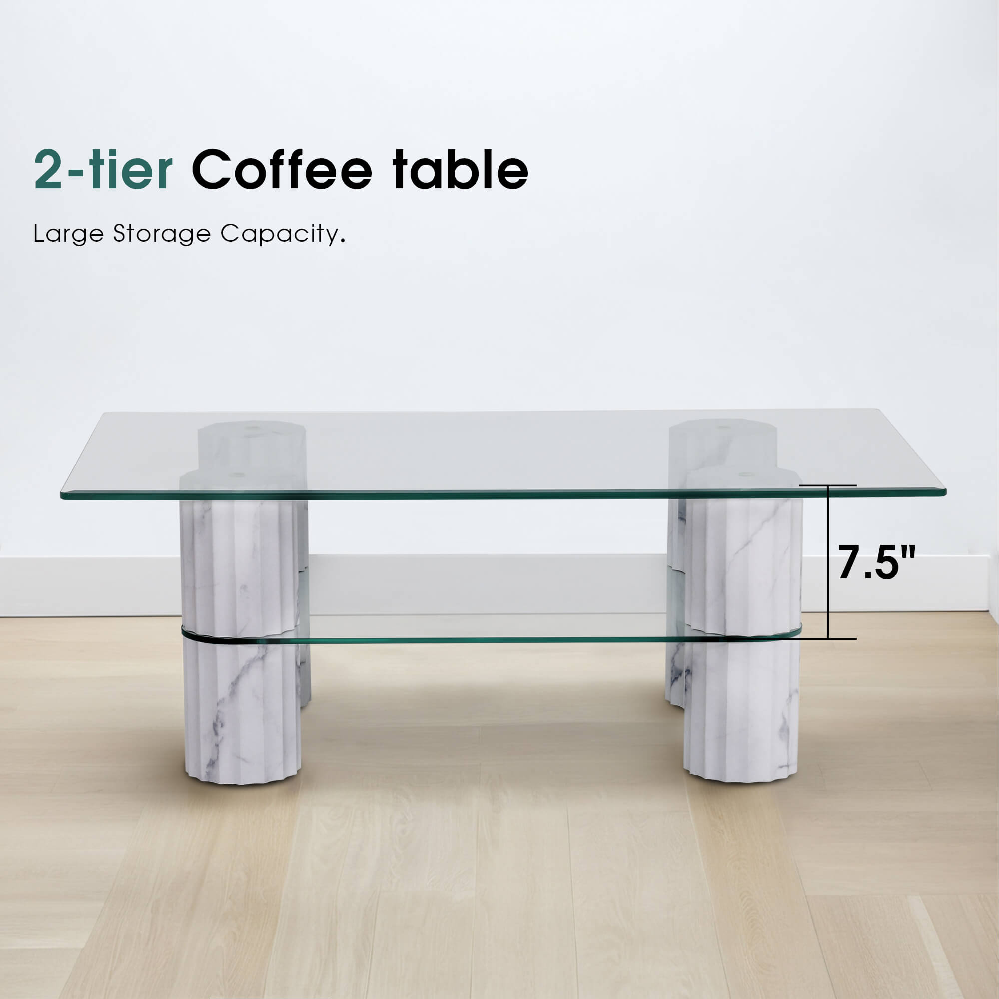 ivinta Glass Coffee Table with Storage Shelf, Small Modern Rectangular Center Table for Living Room, Wooden Legs, Easy Assembly, 44W×24D