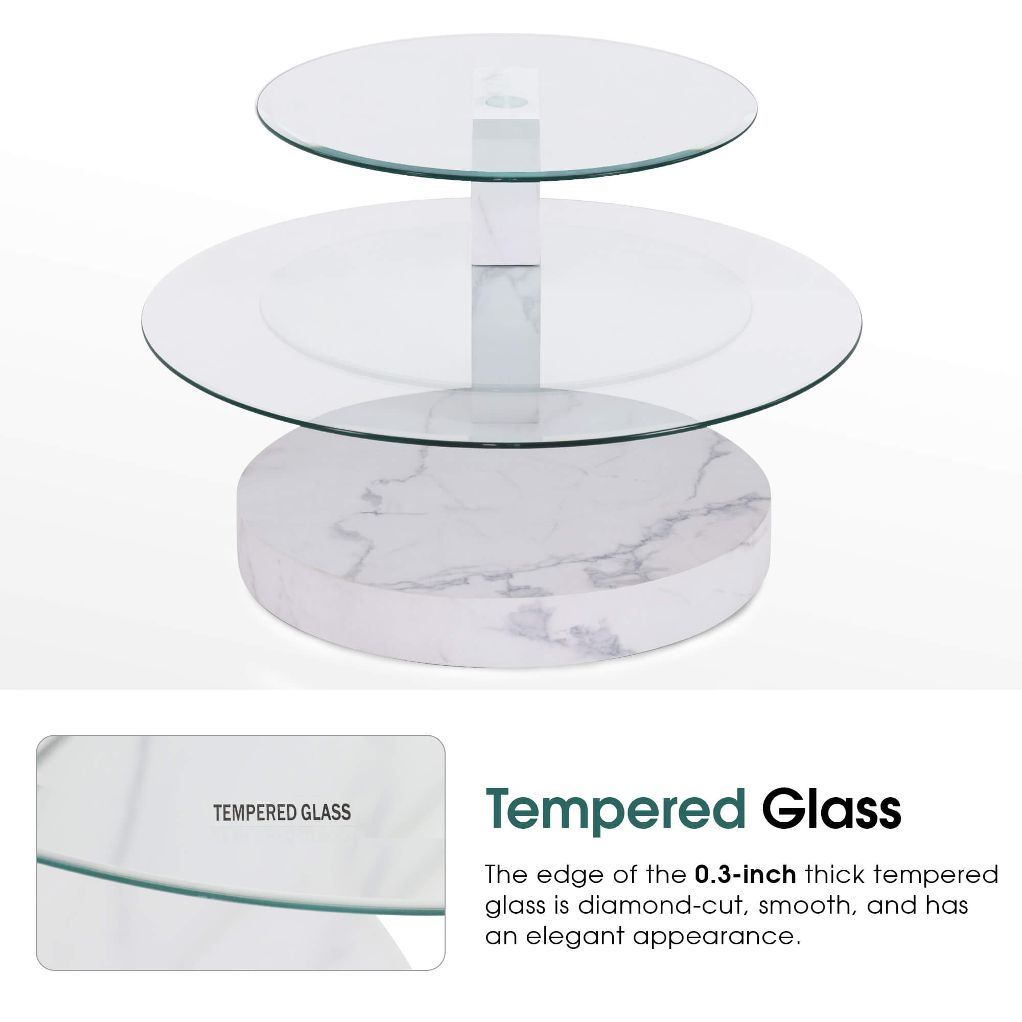 ivinta Glass Round Coffee Table with Storage,Modern Center Table for Living Room,Circle Coffee Table for Small Space,42" W×31" D×17" H