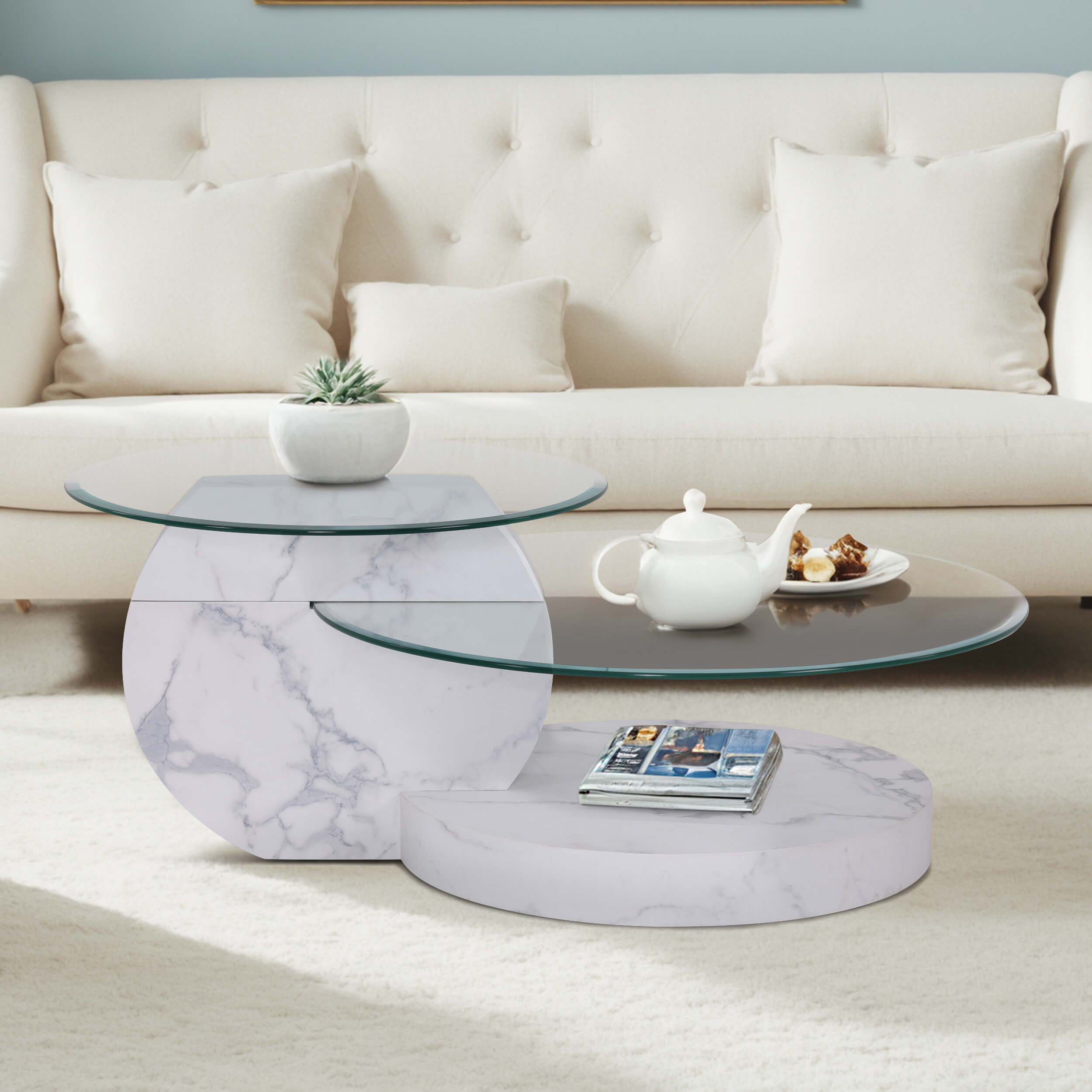 ivinta Glass Round Coffee Table with Storage,Modern Center Table for Living Room,Circle Coffee Table for Small Space,42" W×31" D×17" H