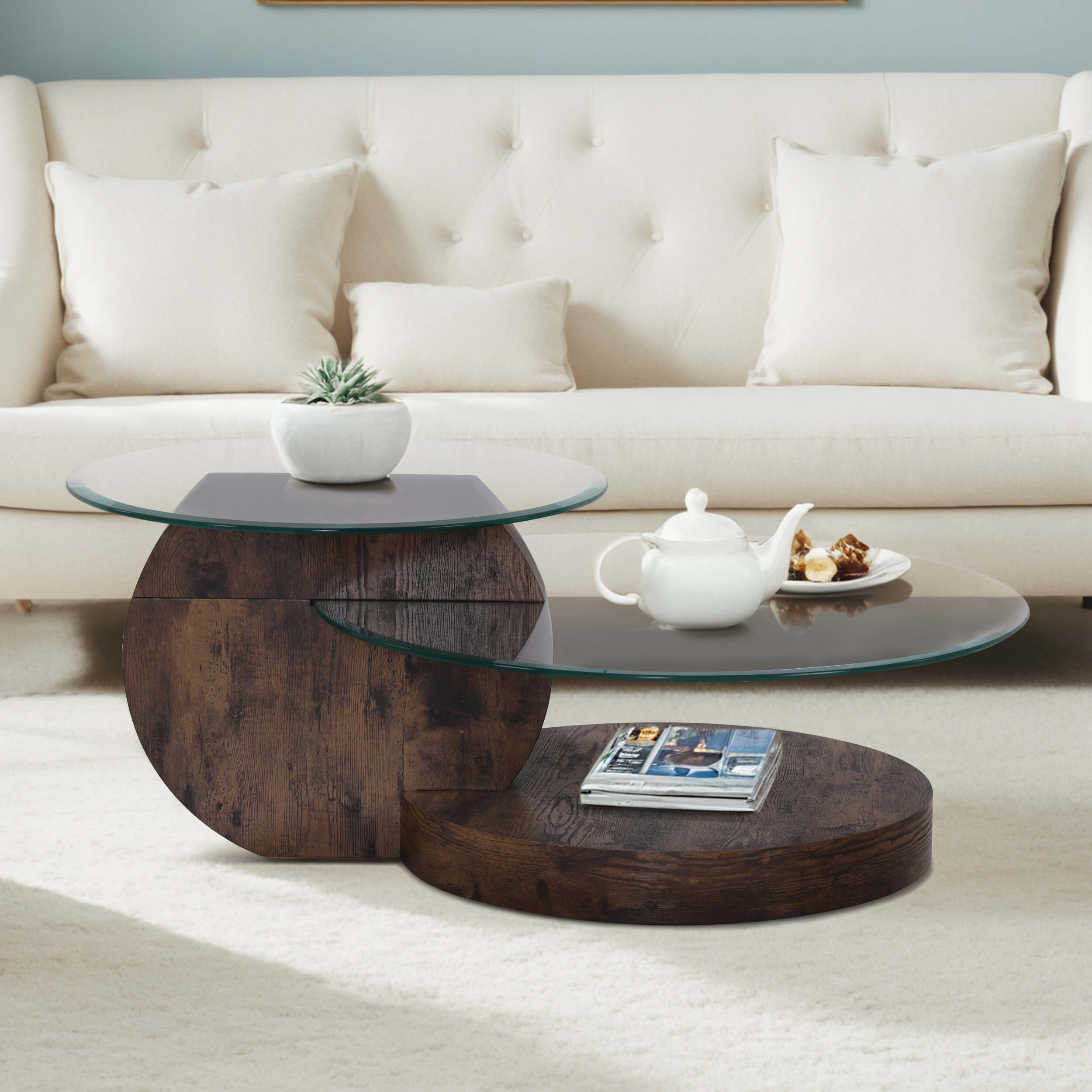 ivinta Glass Round Coffee Table with Storage,Modern Center Table for Living Room,Circle Coffee Table for Small Space,42" W×31" D×17" H