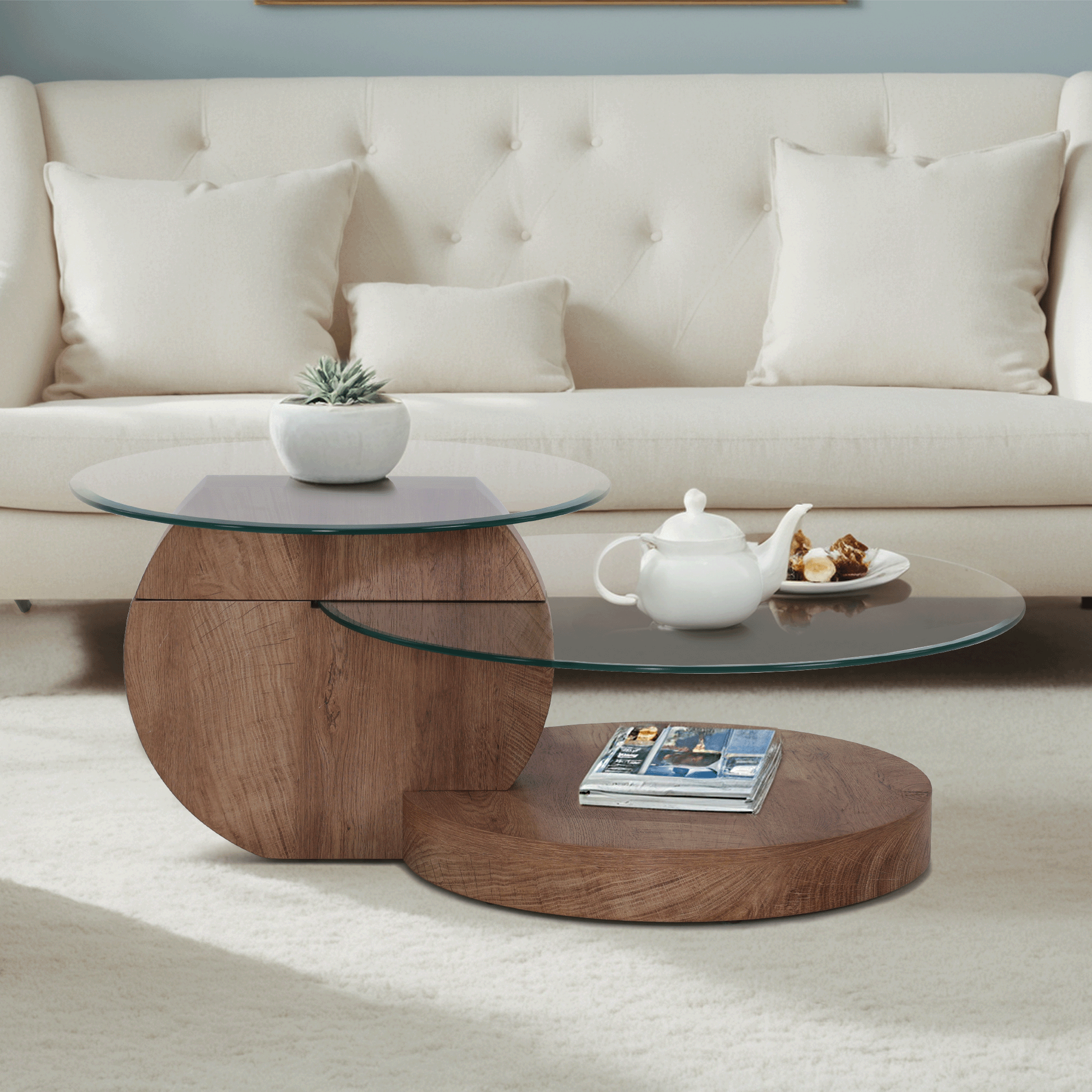 ivinta Glass Round Coffee Table with Storage,Modern Center Table for Living Room,Circle Coffee Table for Small Space,42" W×31" D×17" H