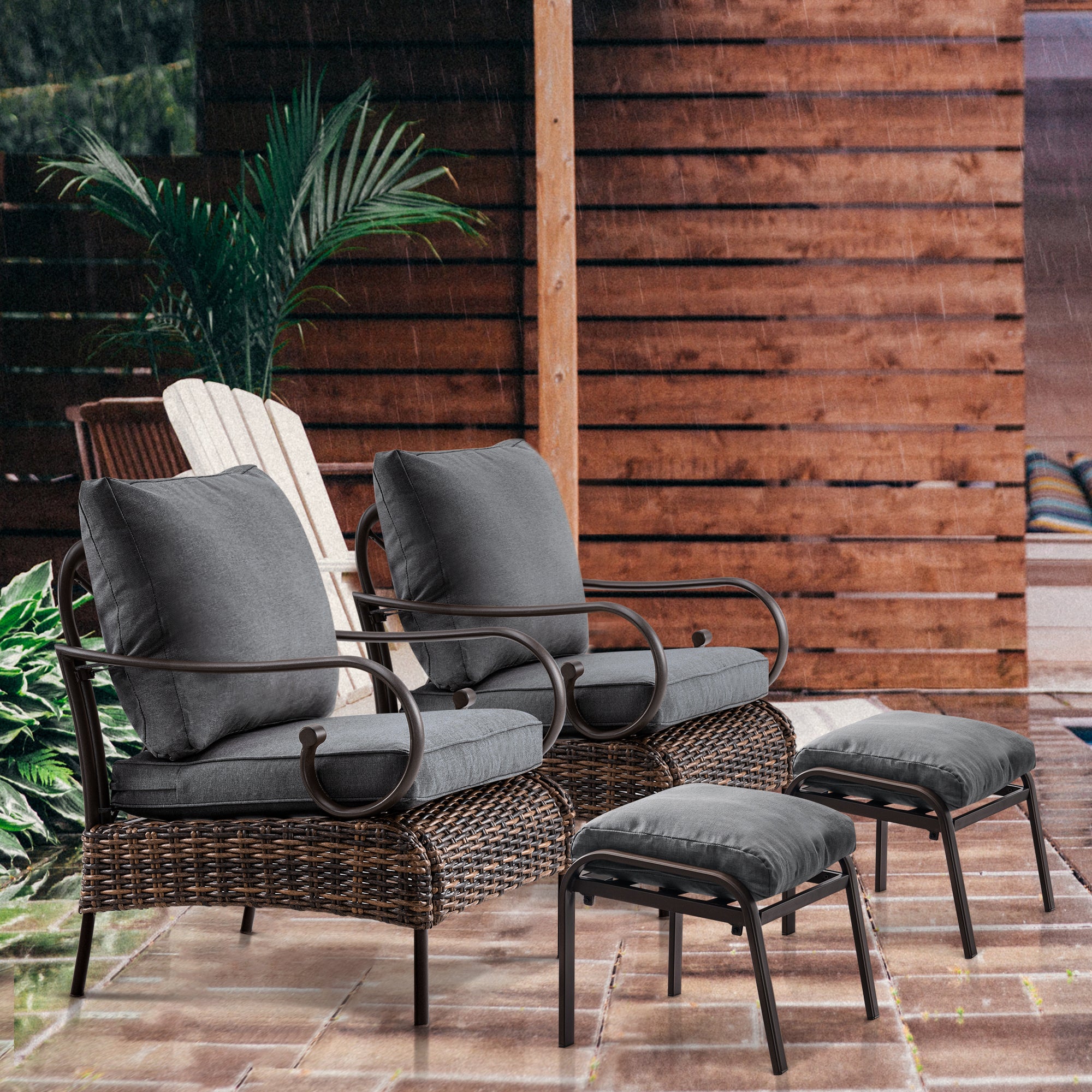 ivinta Outdoor Chair with Ottoman, Patio Wicker Chair with Fabric Cushions, 2 Piece PE Rattan Chair for Garden