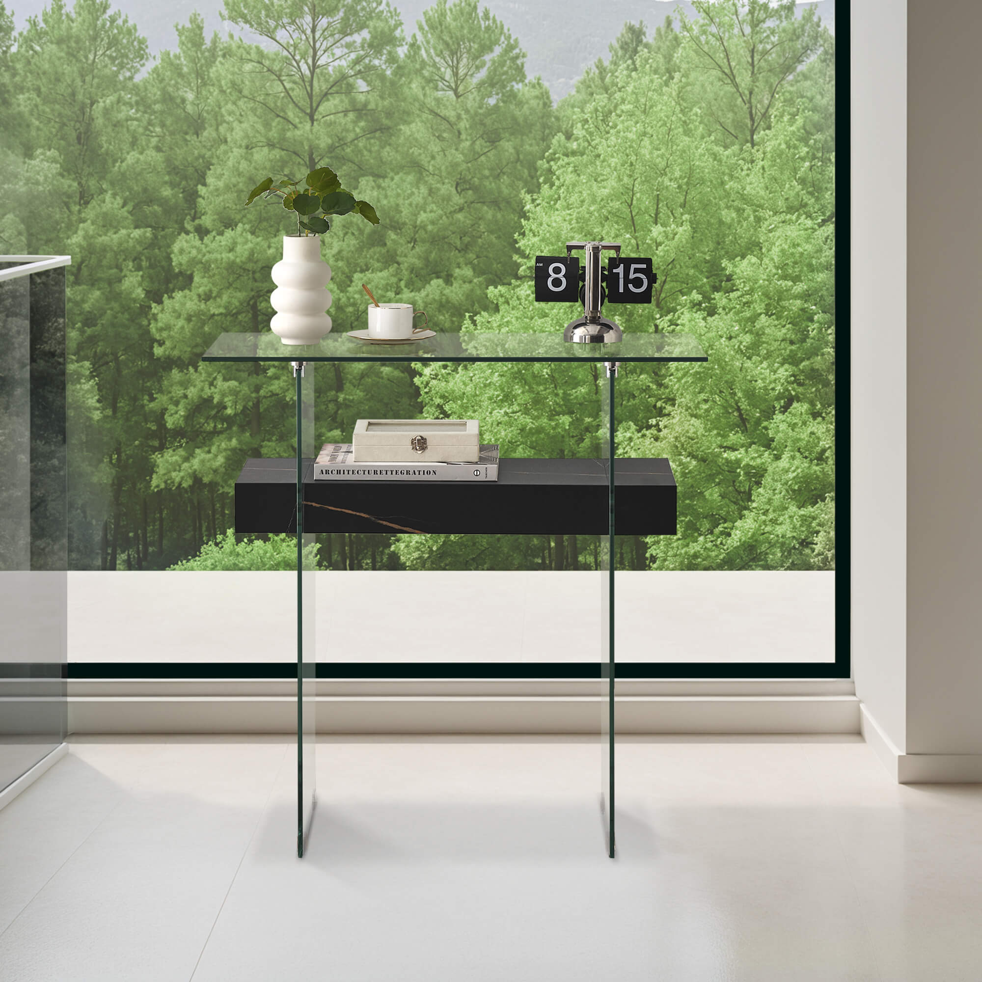 ivinta Narrow Glass Console Table with Storage, 31.5'' Modern Sofa Table for Small Space, Small Entryway Table with Natural Wood Shelves for Living Room, Hallway