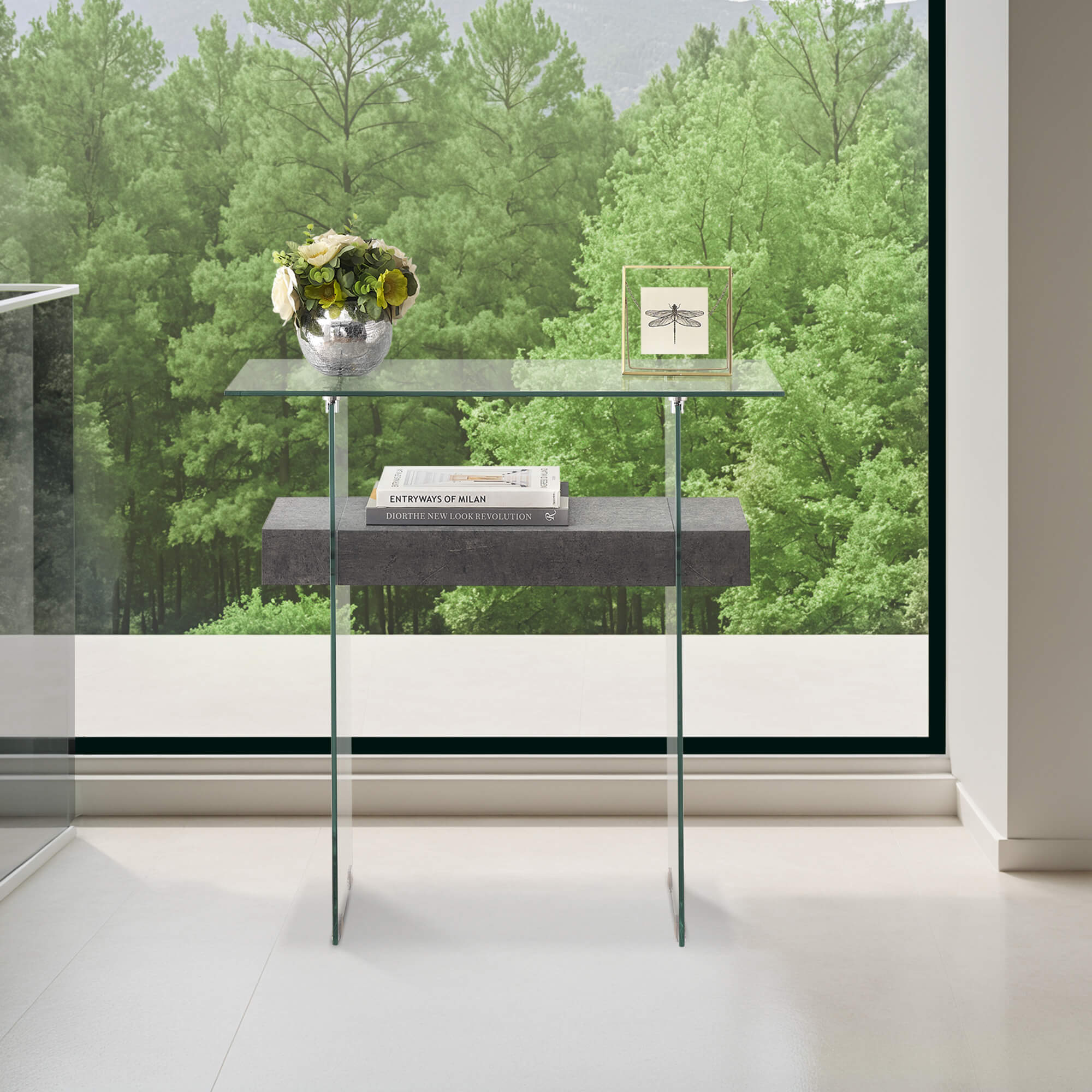 ivinta Narrow Glass Console Table with Storage, 31.5'' Modern Sofa Table for Small Space, Small Entryway Table with Natural Wood Shelves for Living Room, Hallway