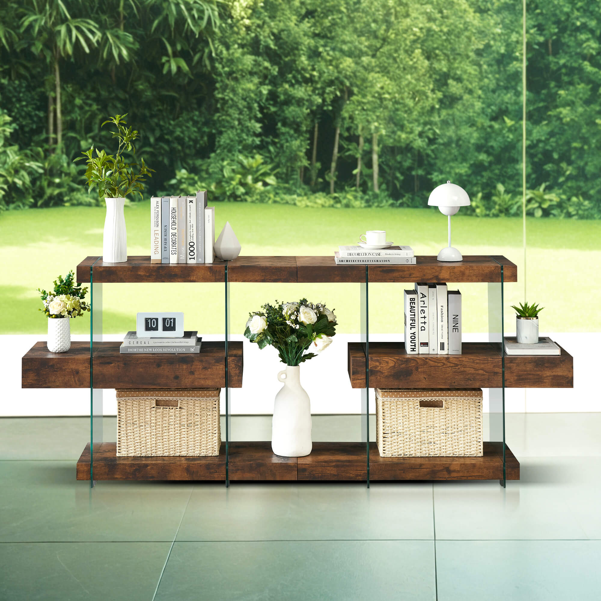 ivinta Glass Console Table with Storage Shelves, 3-Tier Modern Narrow Entryway Table with Drawer for Living Room, Hallway, Foyer and Entrance