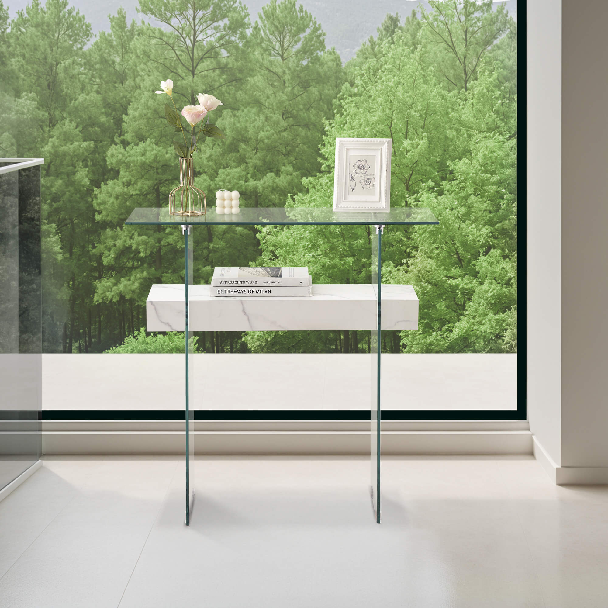 ivinta Narrow Glass Console Table with Storage, 31.5'' Modern Sofa Table for Small Space, Small Entryway Table with Natural Wood Shelves for Living Room, Hallway