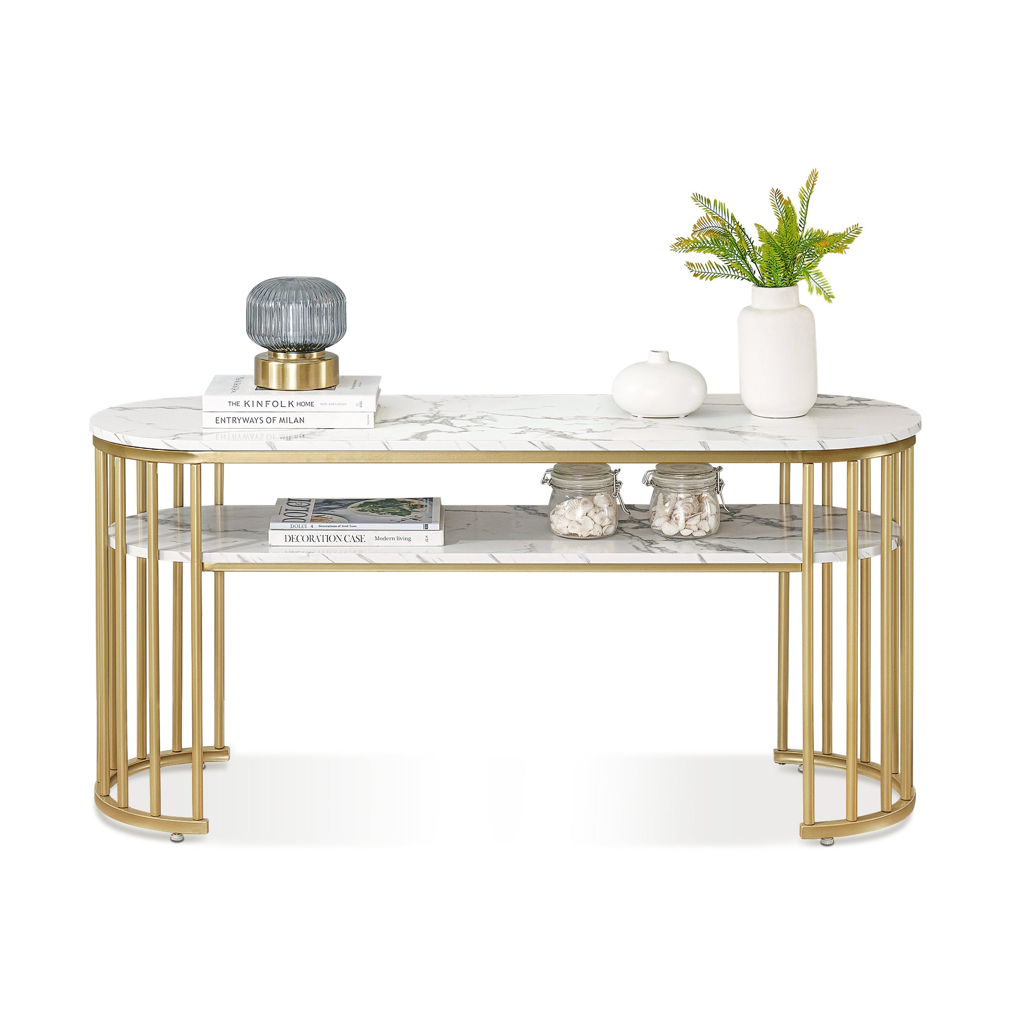 ivinta White Sofa Table, Modern Faux Marble Top Console Table with Gold Metal Frame, Narrow Entryway Table with Storage Shelf for Living Room
