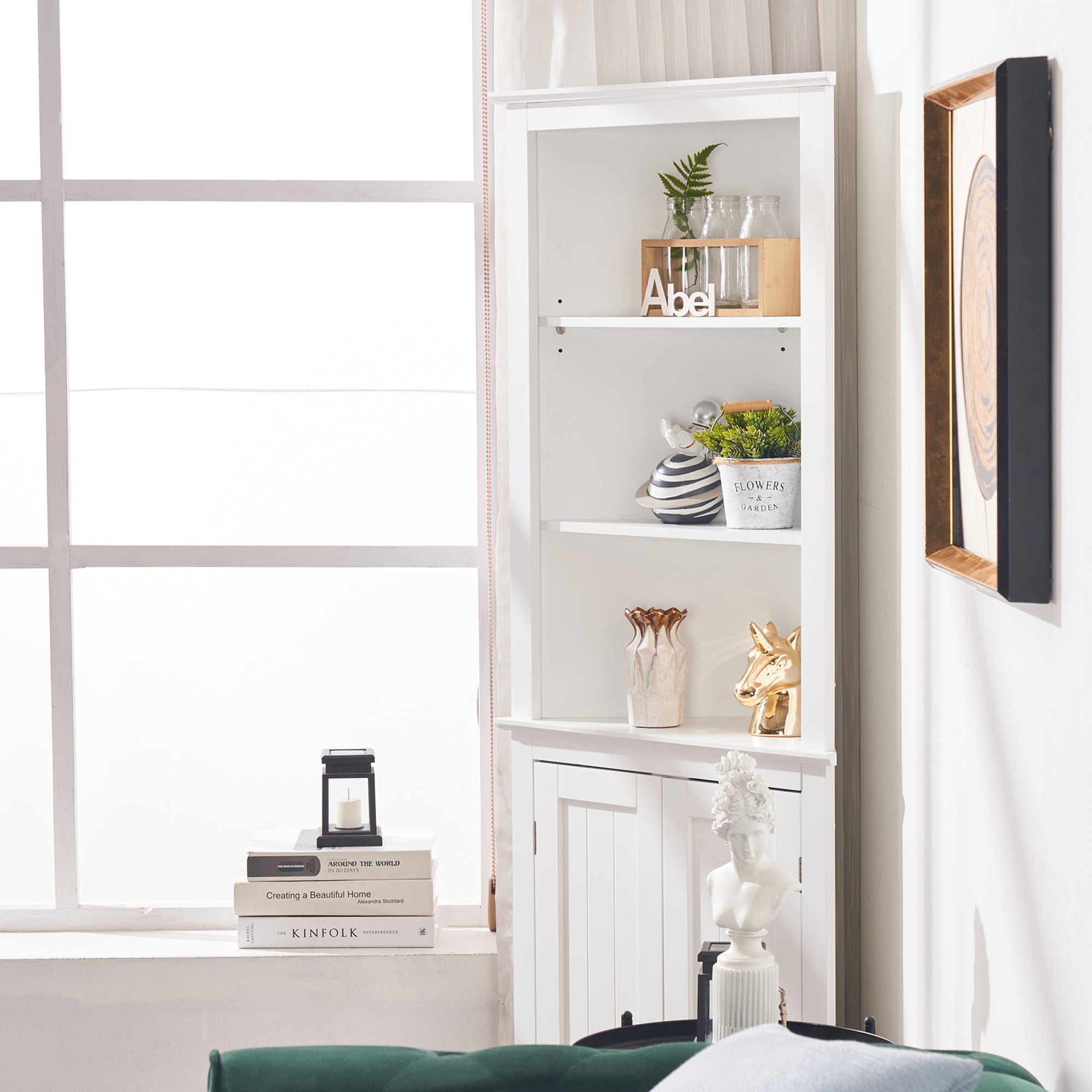 ivinta Tall Corner Cabinet with Two Doors, Adjustable Shelves and Waterproof Design, Free Standing Corner Storage Cabinet for Bathroom, Living Room, Kitchen or Bedroom