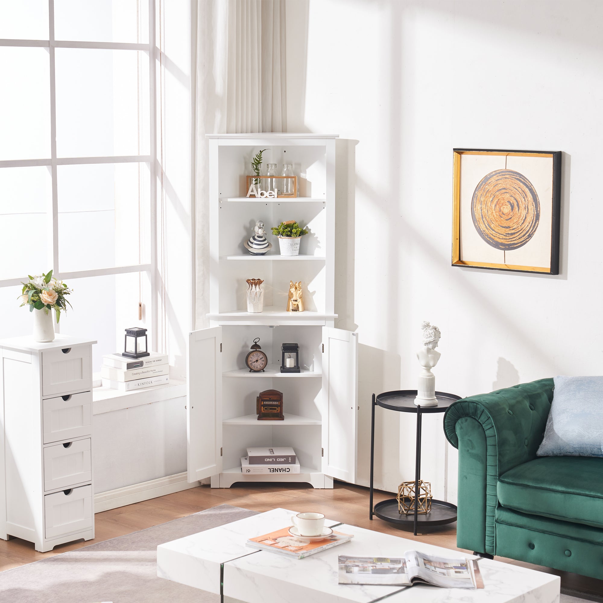 White-A Corner Storage Cabinet for Bathroom, Living Room and