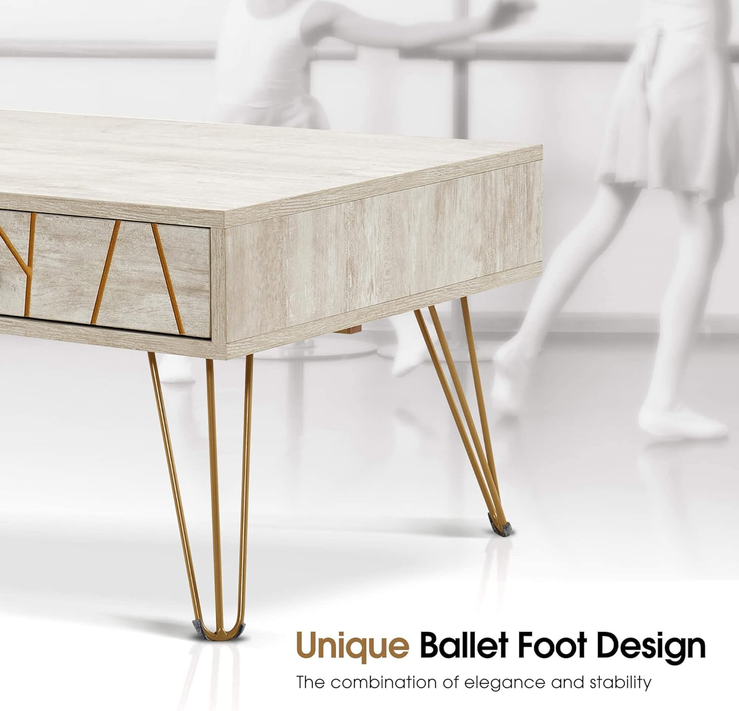 ivinta Coffee Table with Storage, Mid-Century Modern Wood Tea Table with Metal Legs, Industrial Low TV Stand with Drawers