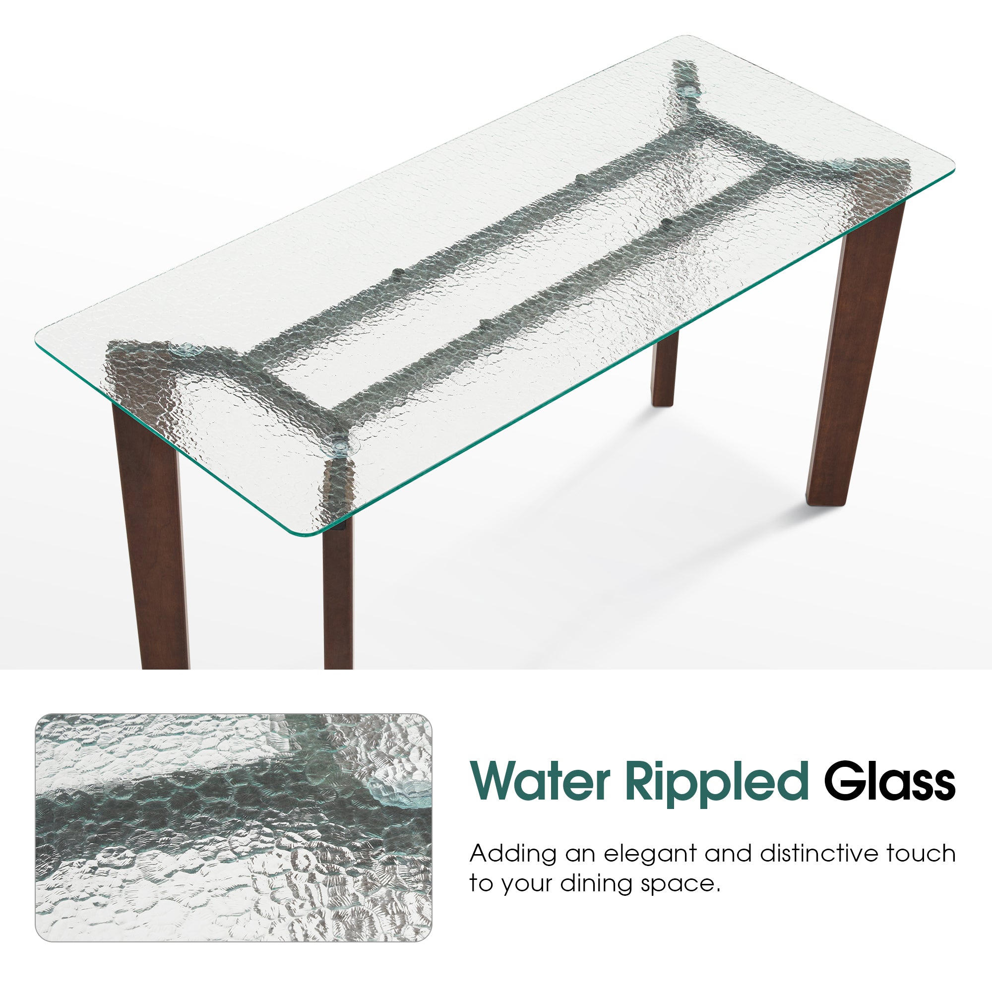 Ivinta Water Rippled Glass Dining Table for 2 or 4, Modern Clear Kitchen Table with Rubber Wood Legs, Rectangular Farmhouse Dinner Table for Small Spaces Apartment Kitchen or Dining Room