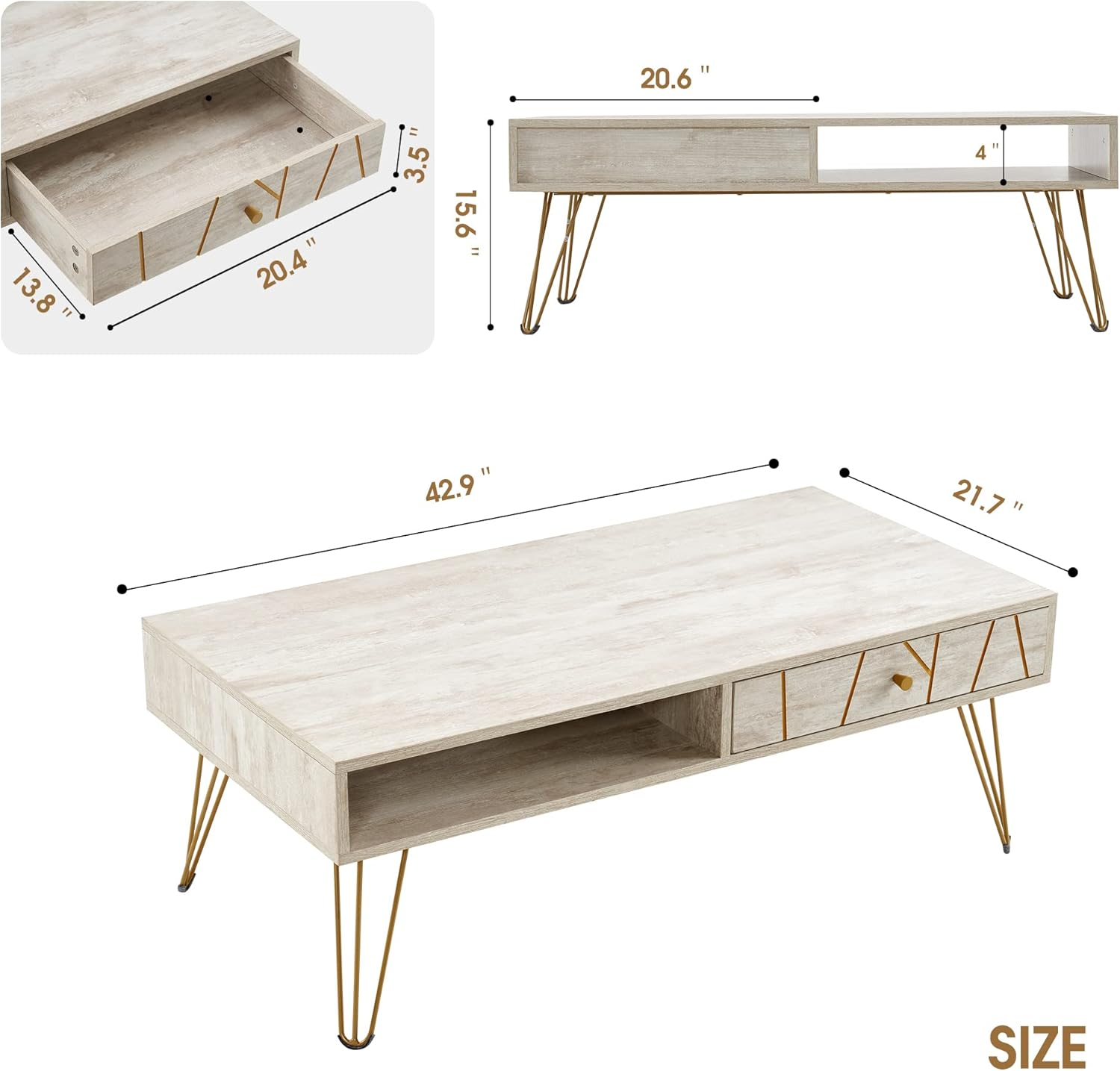 ivinta Coffee Table with Storage, Mid-Century Modern Wood Tea Table with Metal Legs, Industrial Low TV Stand with Drawers