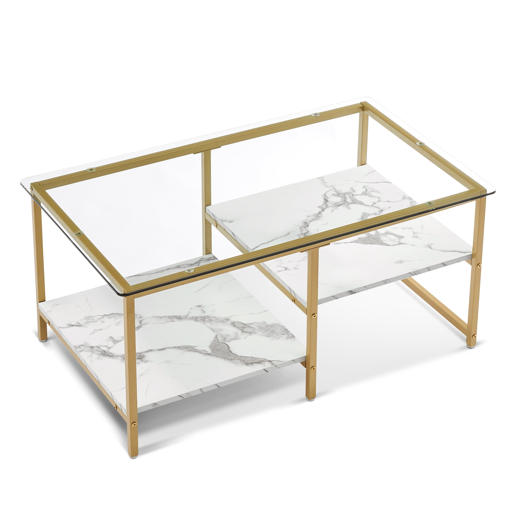 ivinta Rectangular Coffee Table, Tempered Glass Top Coffee Table with Gold Metal Frame, Modern Coffee Table for Living Room