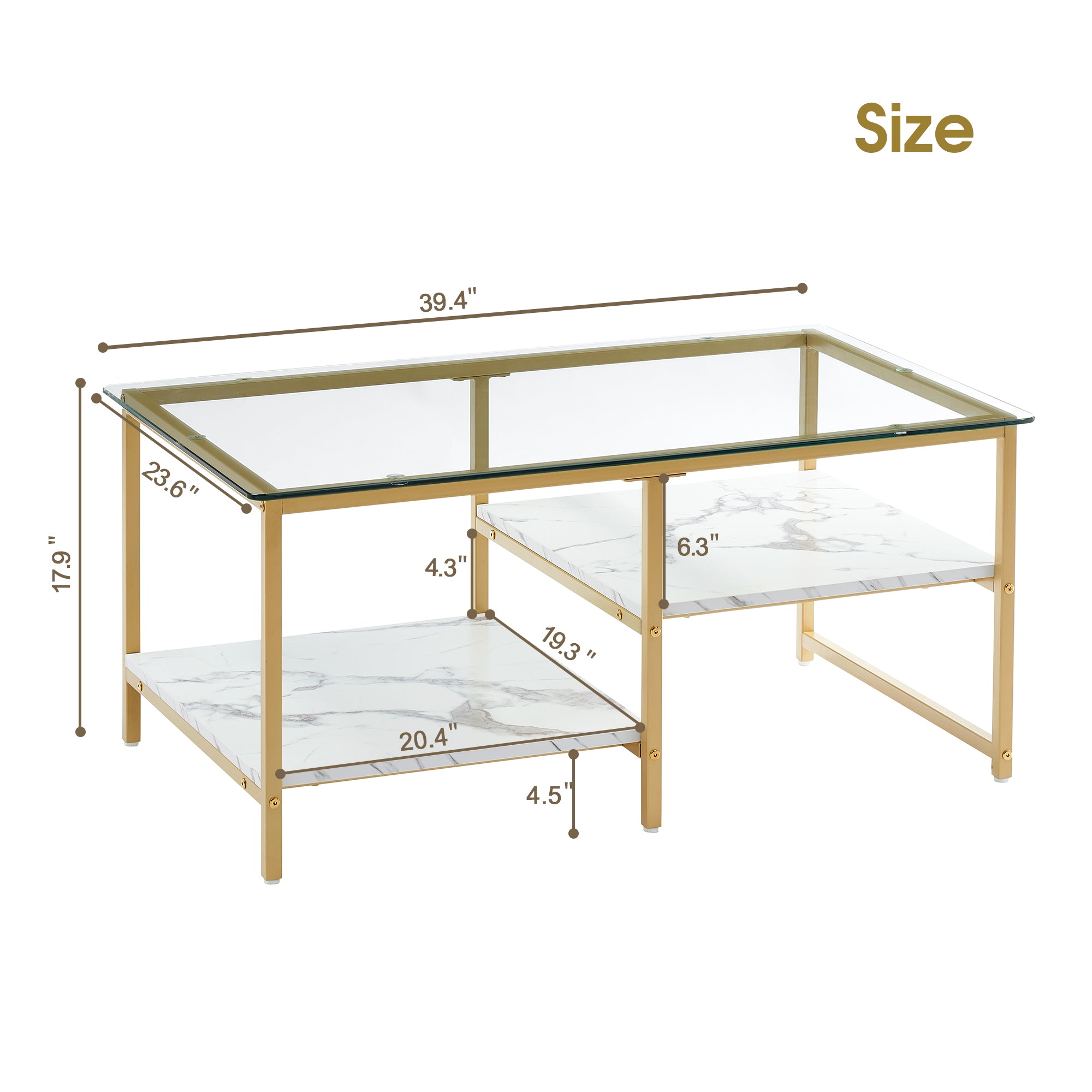 ivinta Rectangular Coffee Table, Tempered Glass Top Coffee Table with Gold Metal Frame, Modern Coffee Table for Living Room