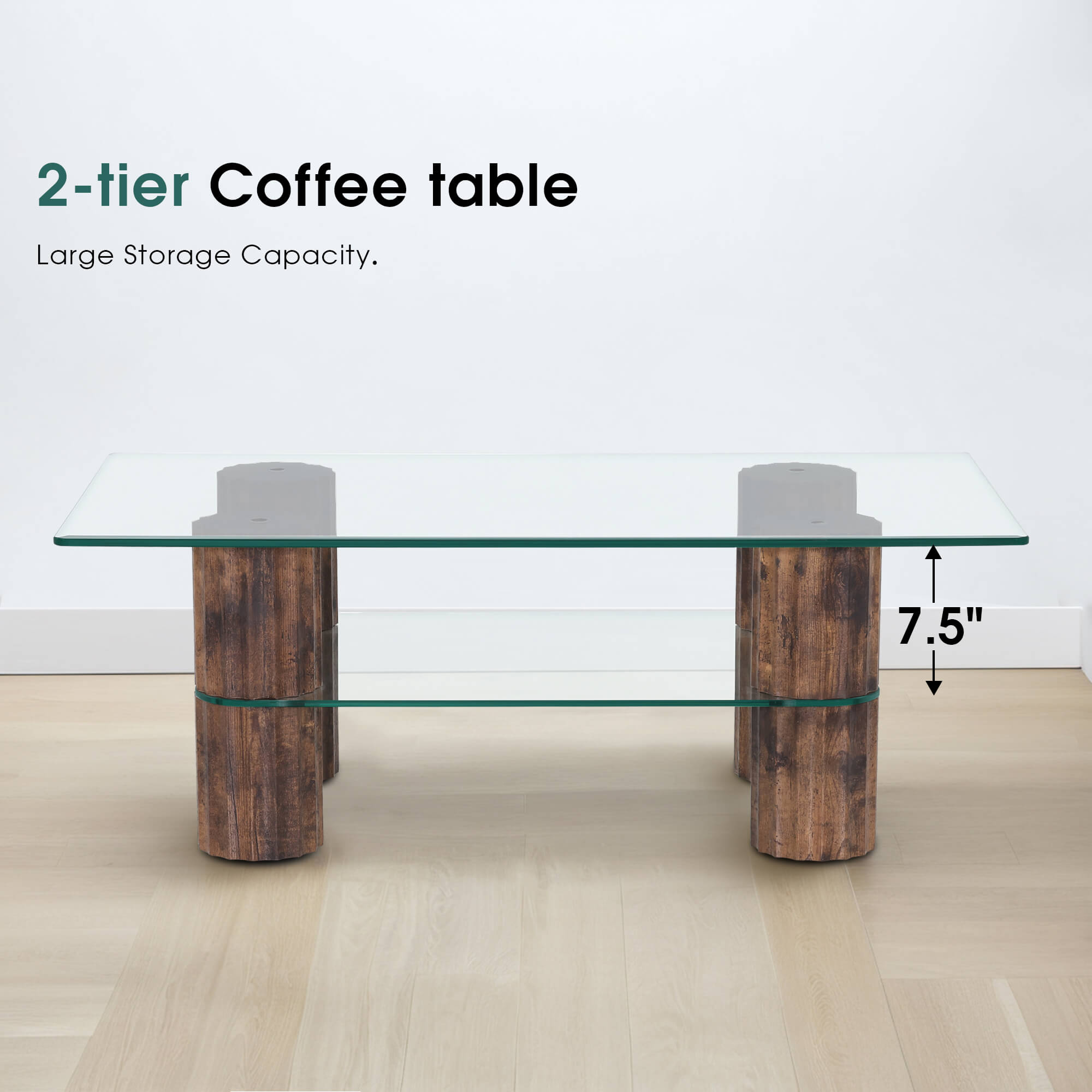 ivinta Glass Coffee Table with Storage Shelf, Small Modern Rectangular Center Table for Living Room, Wooden Legs, Easy Assembly, 44W×24D