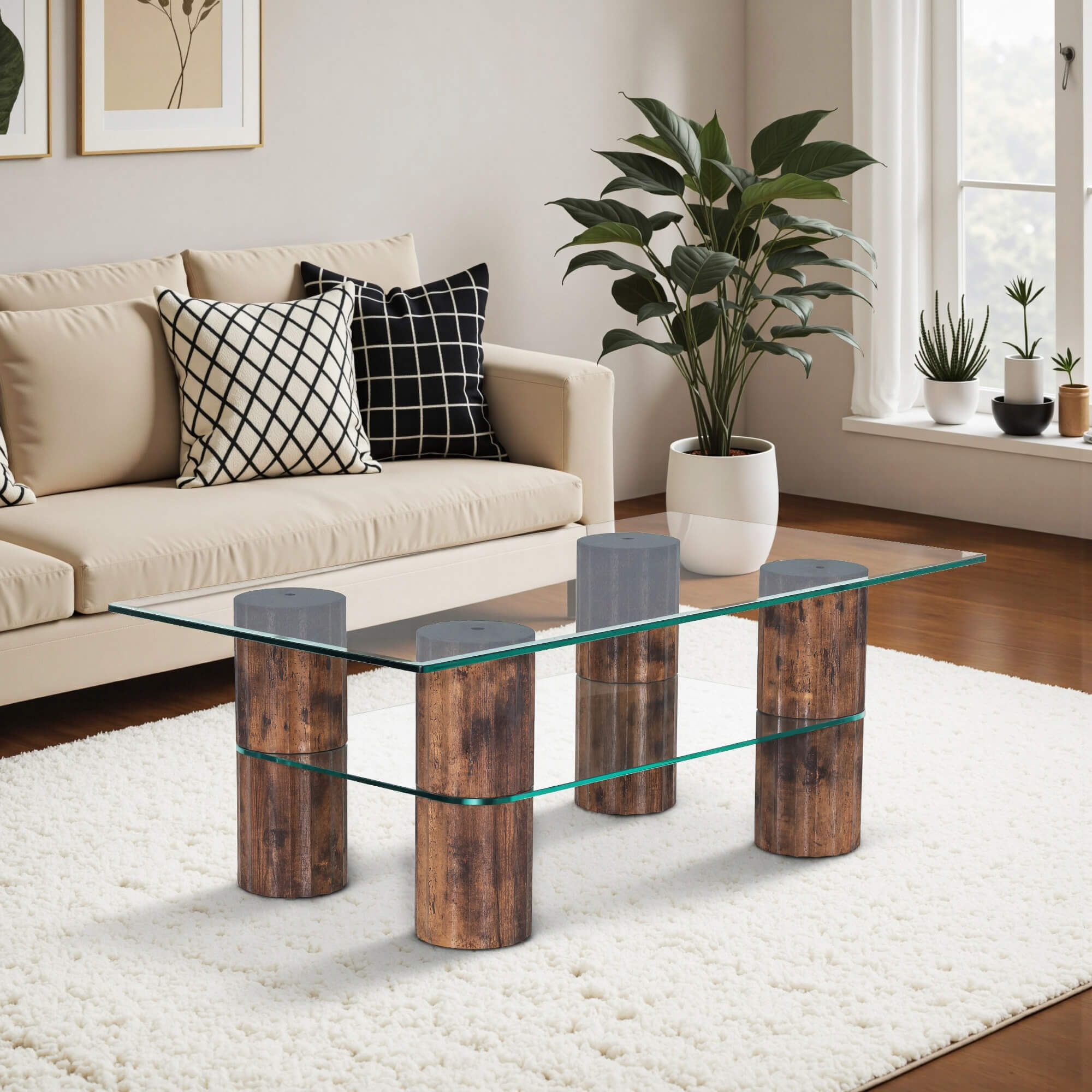 ivinta Glass Coffee Table with Storage Shelf, Small Modern Rectangular Center Table for Living Room, Wooden Legs, Easy Assembly, 44W×24D