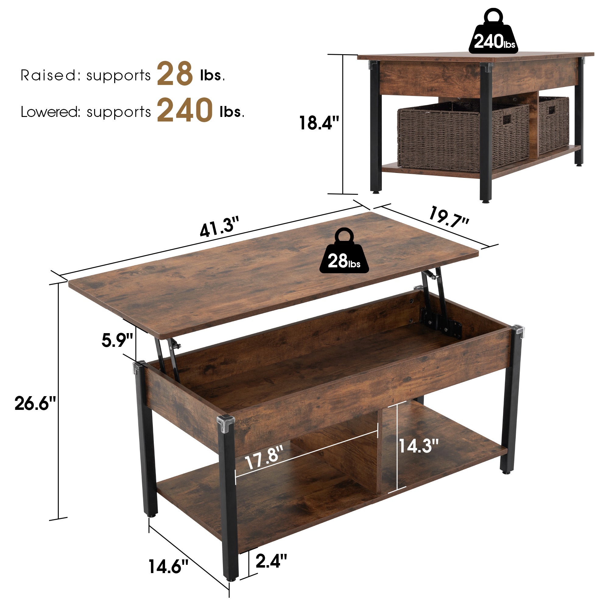 ivinta Lift Top Coffee Table with Storage, 41.3" Modern Recangular Center Table with 4 Wheels and 2 Rattan Folding Baskets, Rising Tabletop with Hidden Compartment for Living Room, 2177