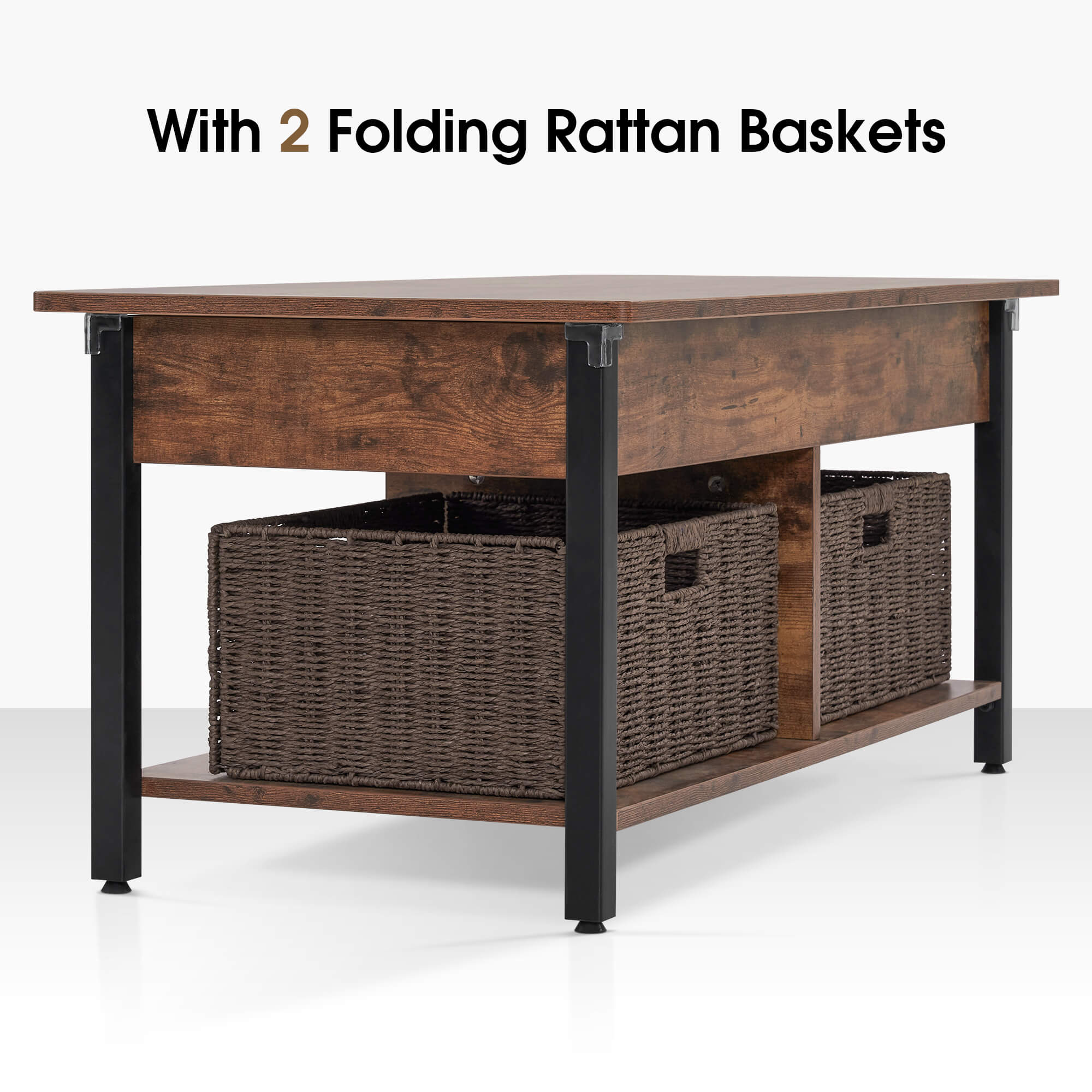 ivinta Lift Top Coffee Table with Storage, 41.3" Modern Recangular Center Table with 4 Wheels and 2 Rattan Folding Baskets, Rising Tabletop with Hidden Compartment for Living Room, 2177