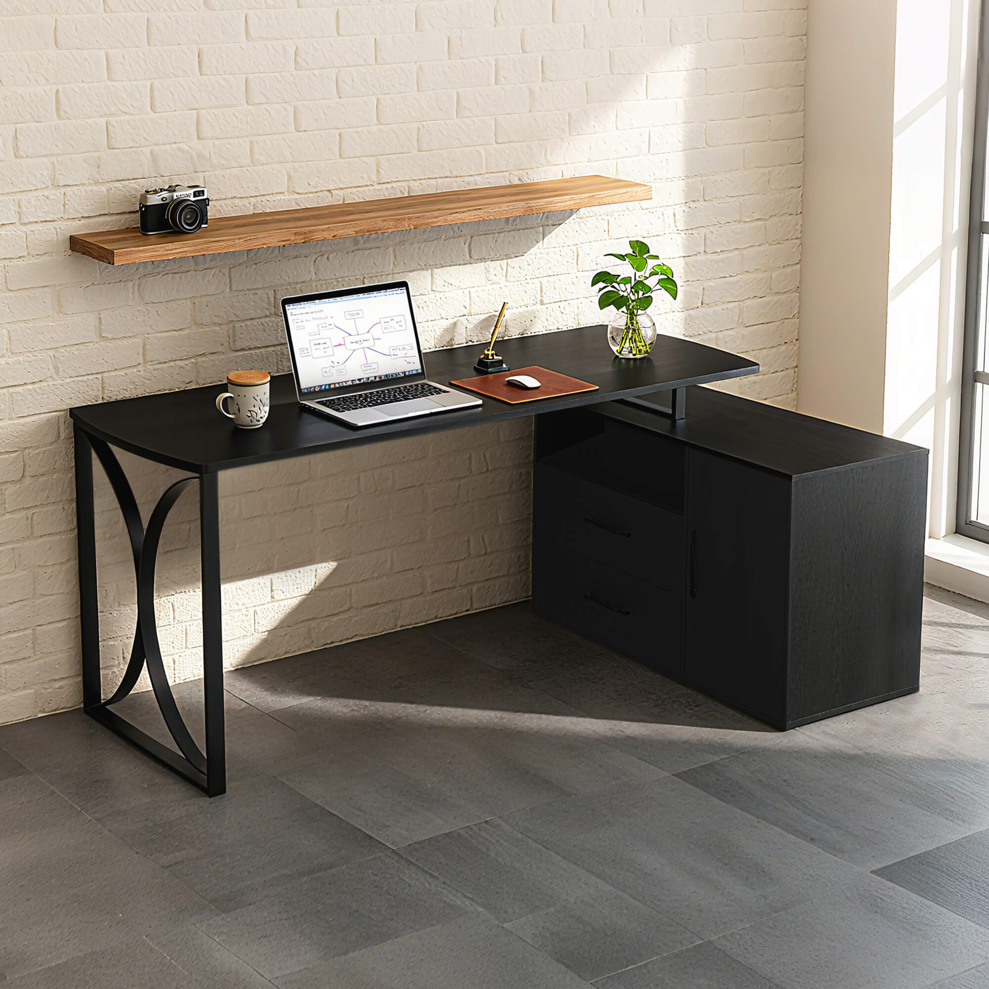 ivinta 55.1" L Shaped Desk with Drawer Cabinet and Storage Hutch, Modern Home Office Desk with 35.4" File Cabinet for Writing Study Work, Vanity Desk for Living Room Office Bedroom, 7189