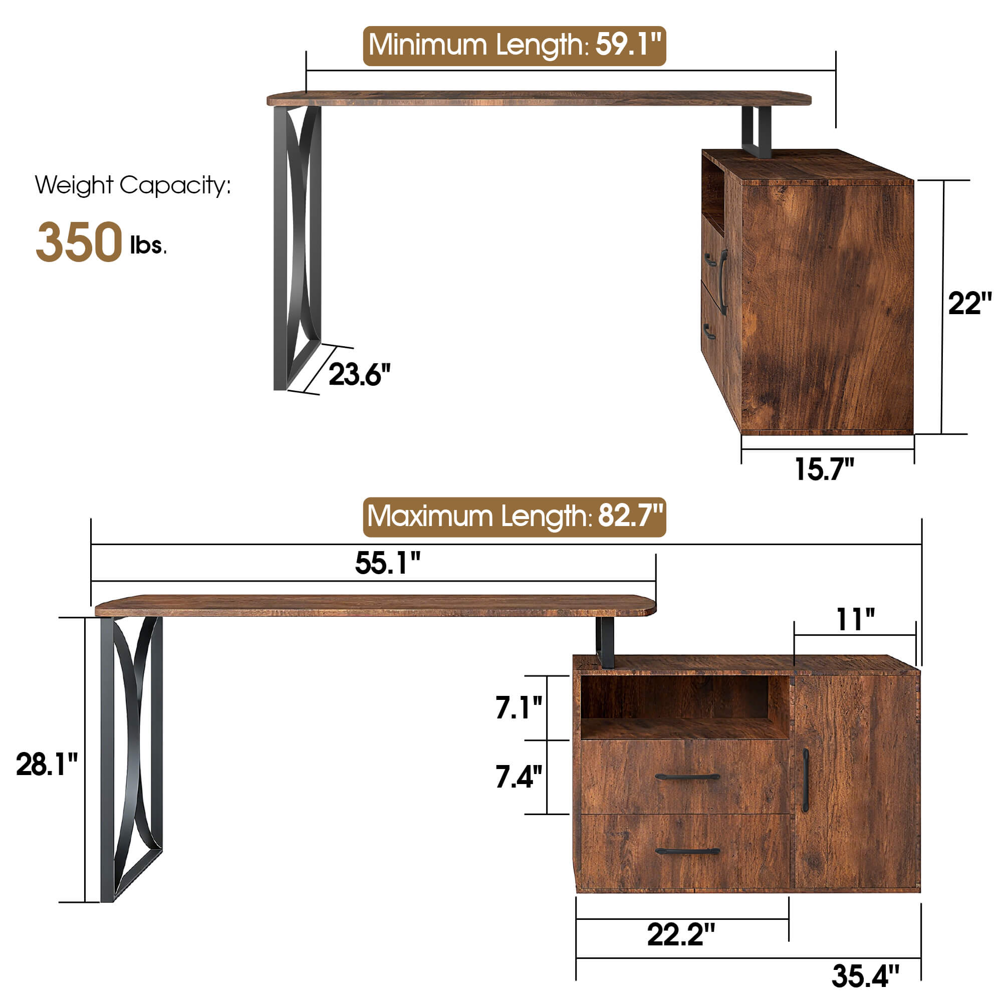 ivinta 55.1" L Shaped Desk with Drawer Cabinet and Storage Hutch, Modern Home Office Desk with 35.4" File Cabinet for Writing Study Work, Vanity Desk for Living Room Office Bedroom, 7189