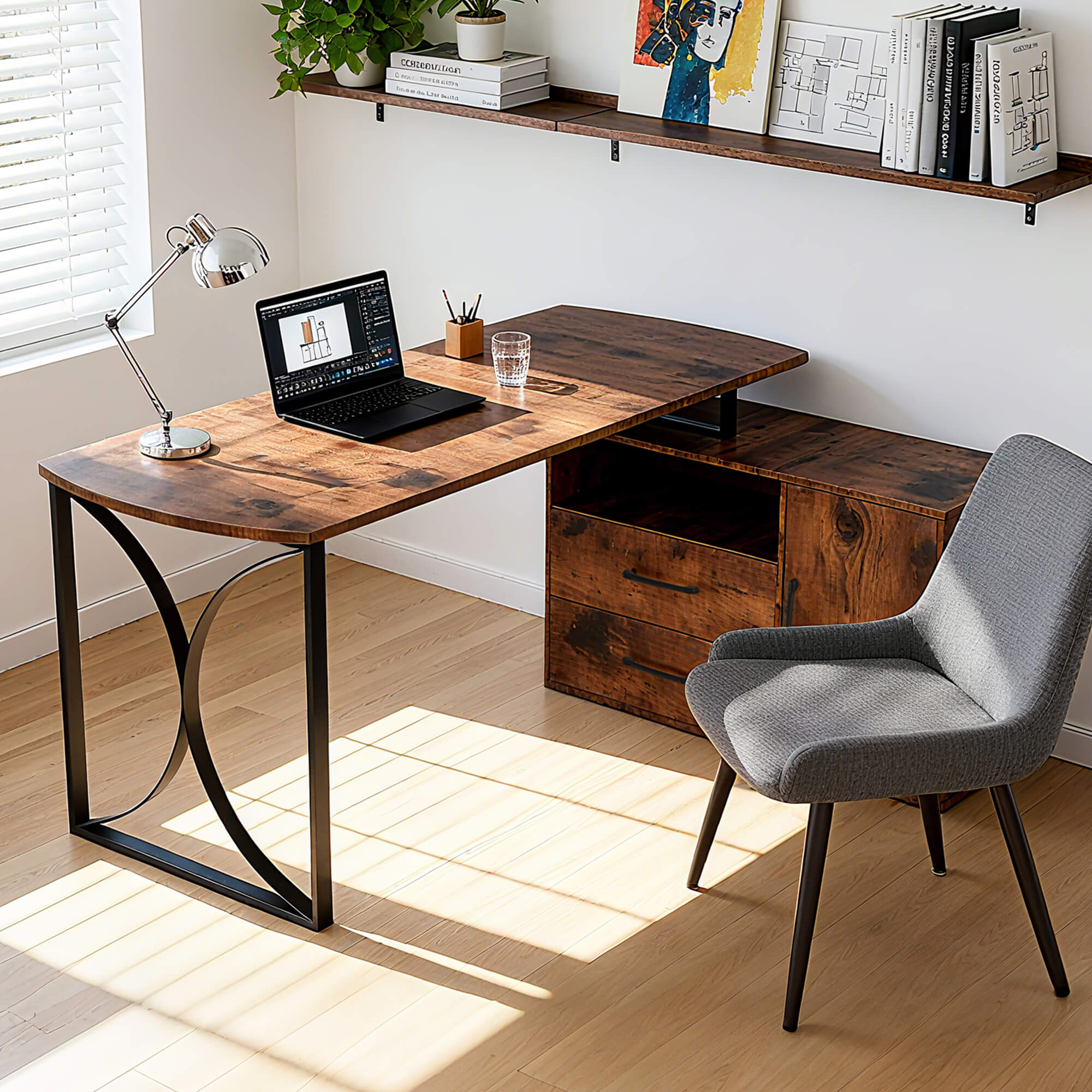 ivinta 55.1" L Shaped Desk with Drawer Cabinet and Storage Hutch, Modern Home Office Desk with 35.4" File Cabinet for Writing Study Work, Vanity Desk for Living Room Office Bedroom, 7189