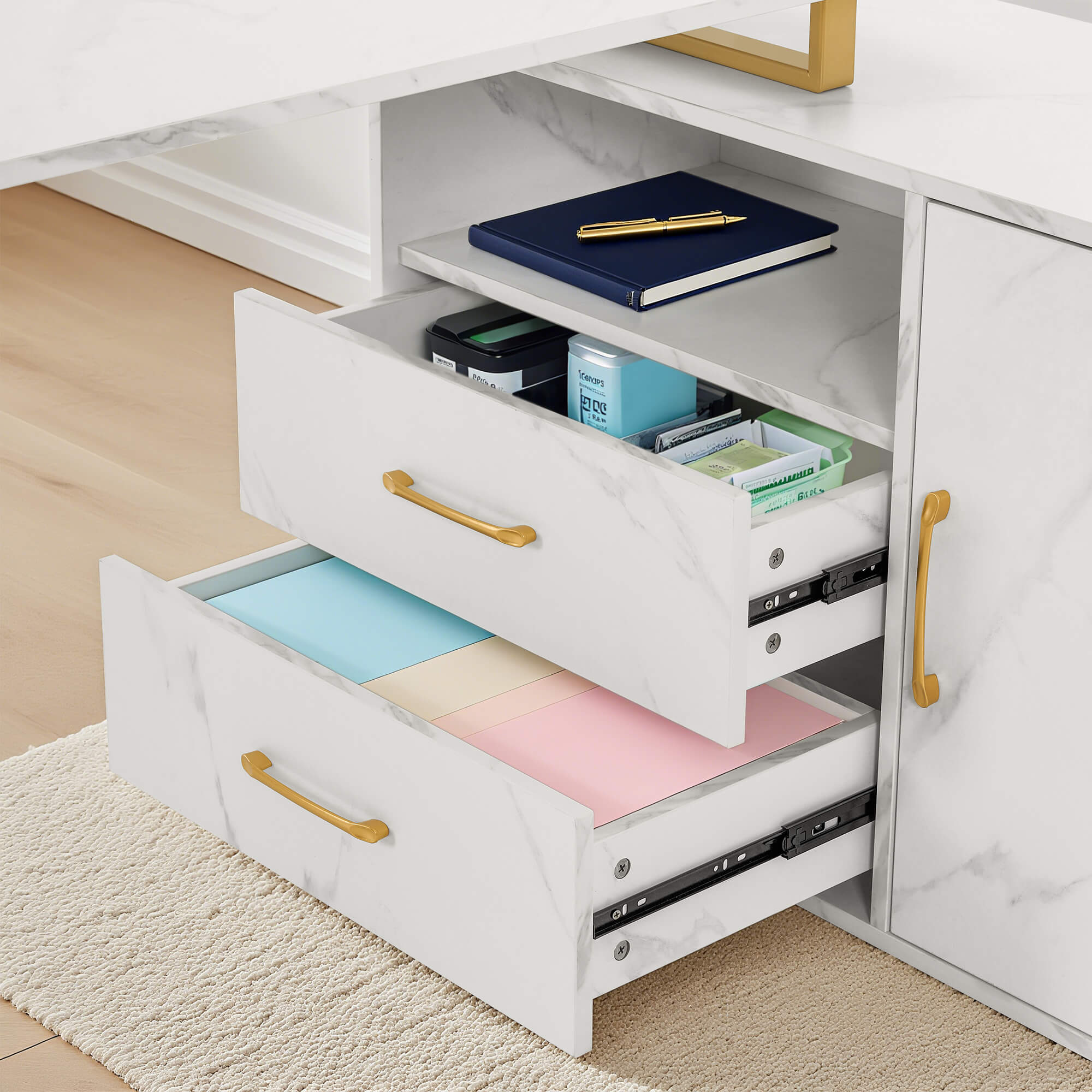 ivinta 55.1" L Shaped Desk with Drawer Cabinet and Storage Hutch, Modern Home Office Desk with 35.4" File Cabinet for Writing Study Work, Vanity Desk for Living Room Office Bedroom, 7189