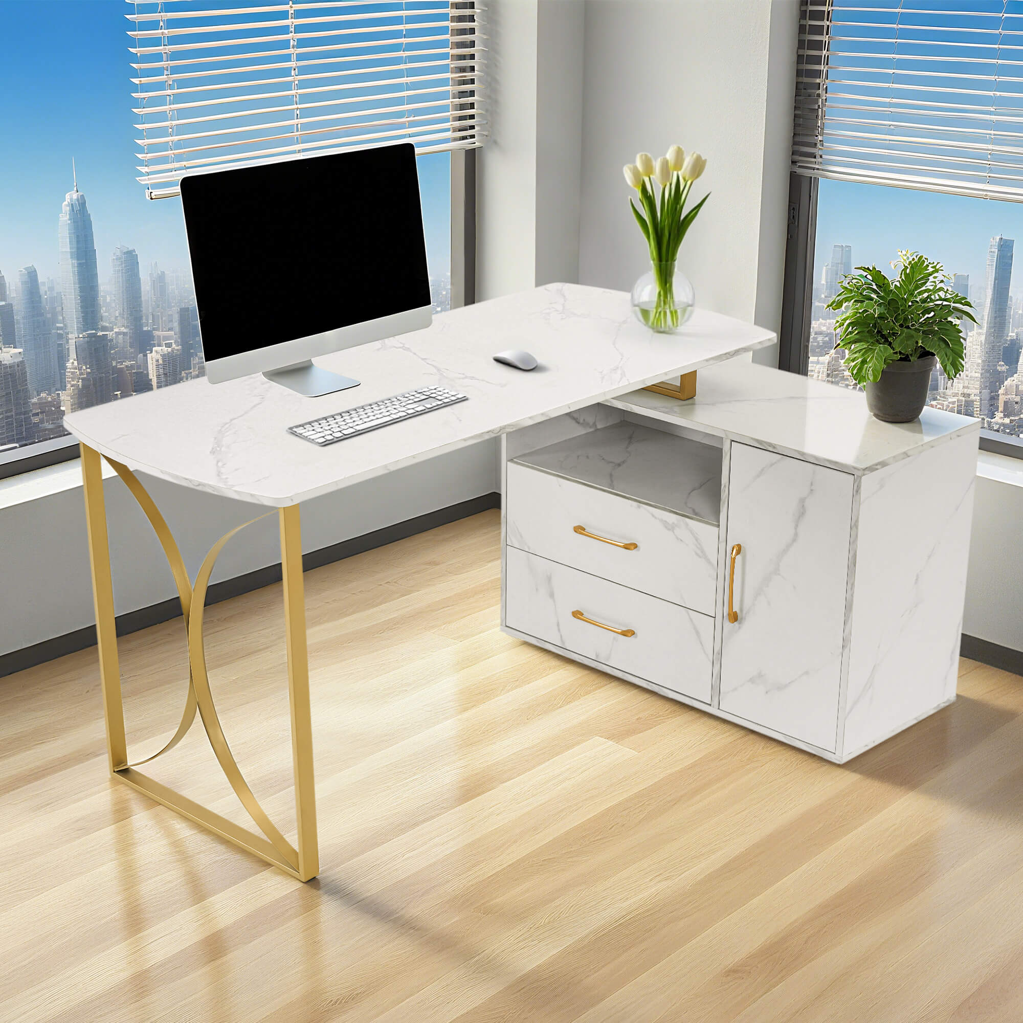 ivinta 55.1" L Shaped Desk with Drawer Cabinet and Storage Hutch, Modern Home Office Desk with 35.4" File Cabinet for Writing Study Work, Vanity Desk for Living Room Office Bedroom, 7189